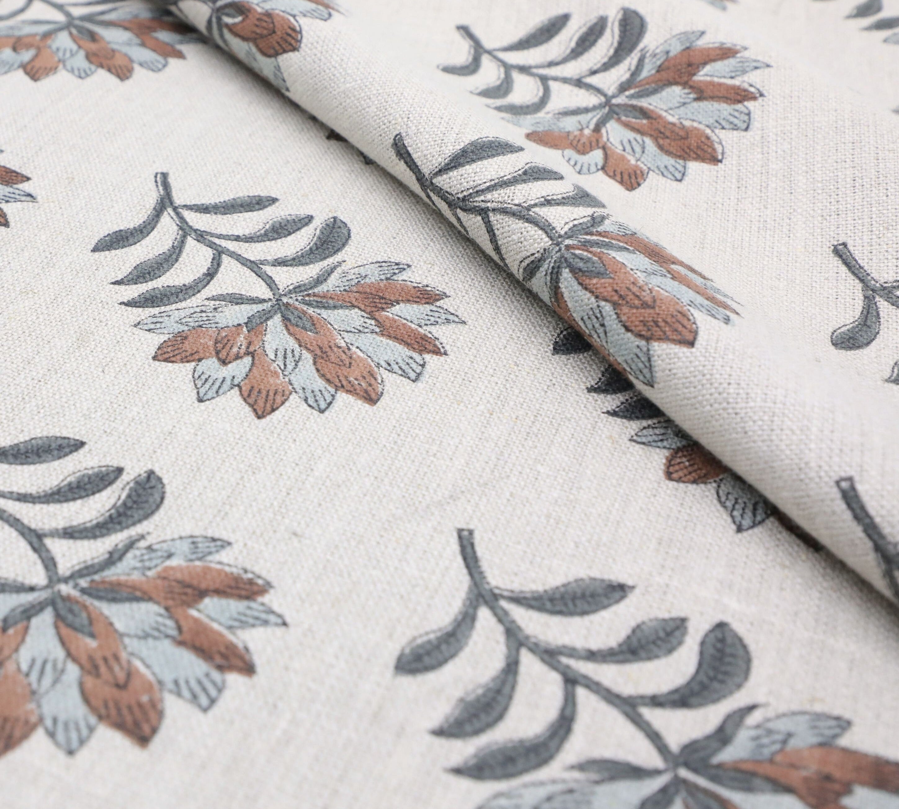 Block print linen fabric, thick linen 58" wide, handmade floral art, pillow and cushion fabric - SUMMER FLOWER