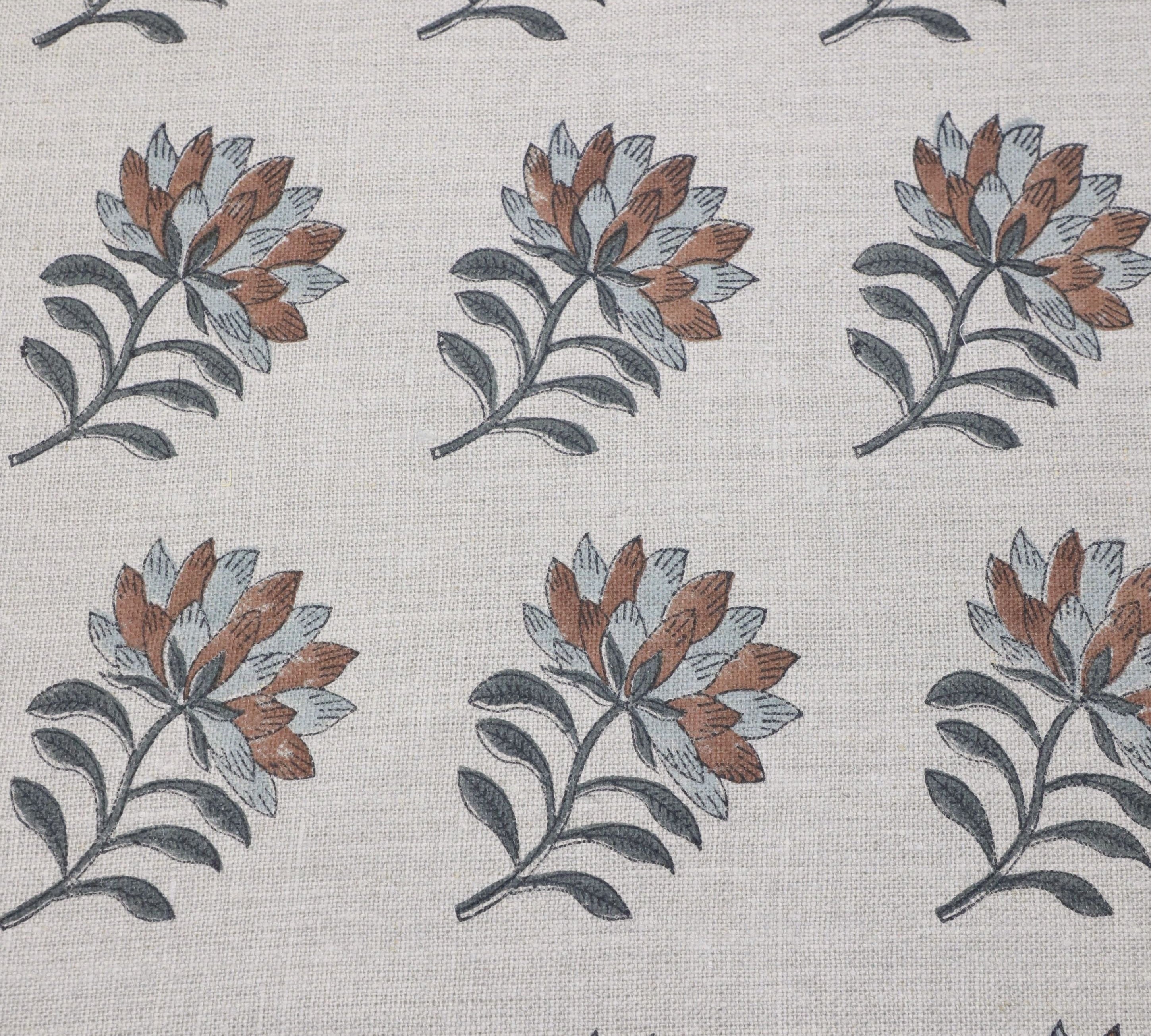 Block print linen fabric, thick linen 58" wide, handmade floral art, pillow and cushion fabric - SUMMER FLOWER
