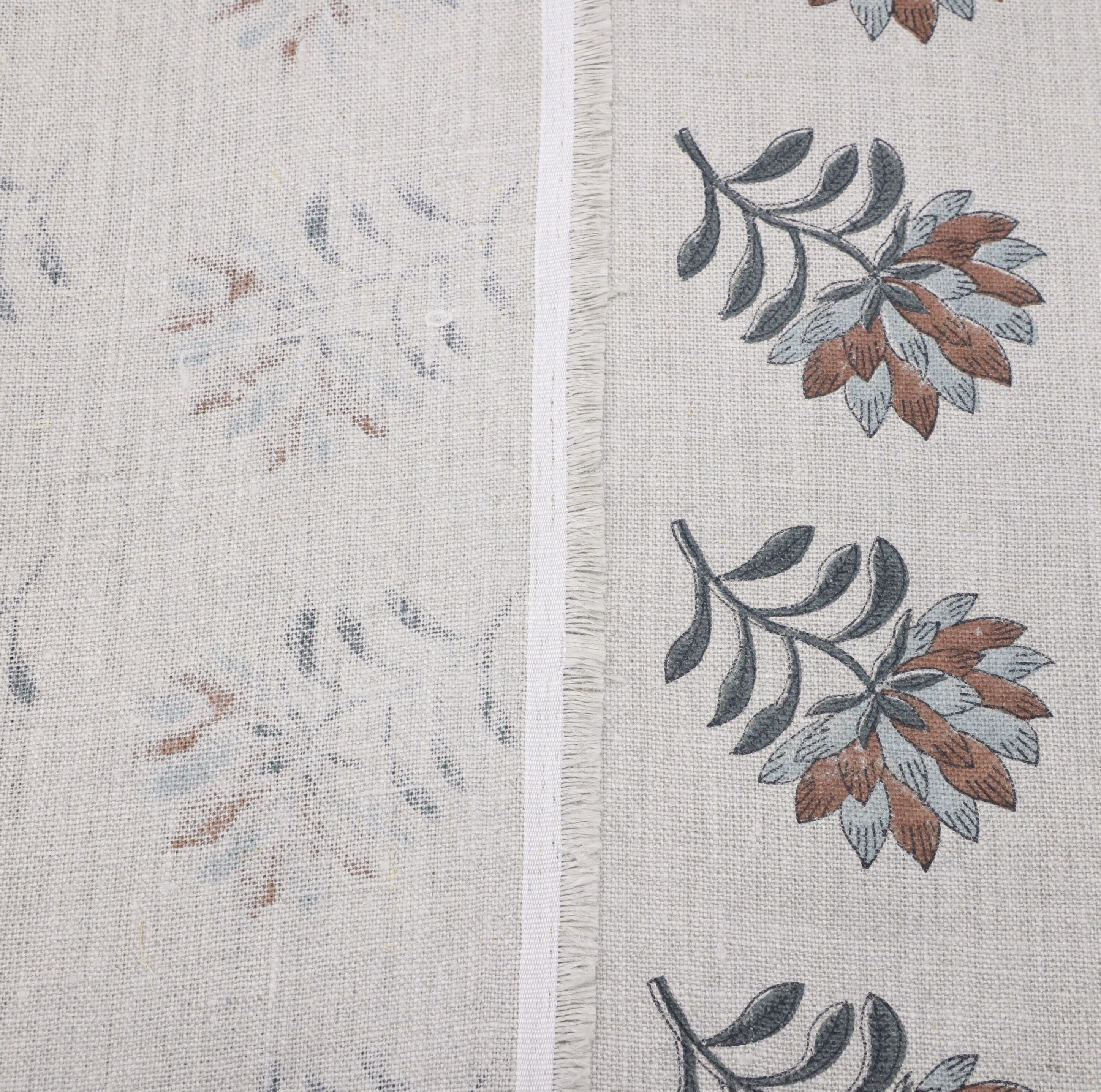 Block print linen fabric, thick linen 58" wide, handmade floral art, pillow and cushion fabric - SUMMER FLOWER