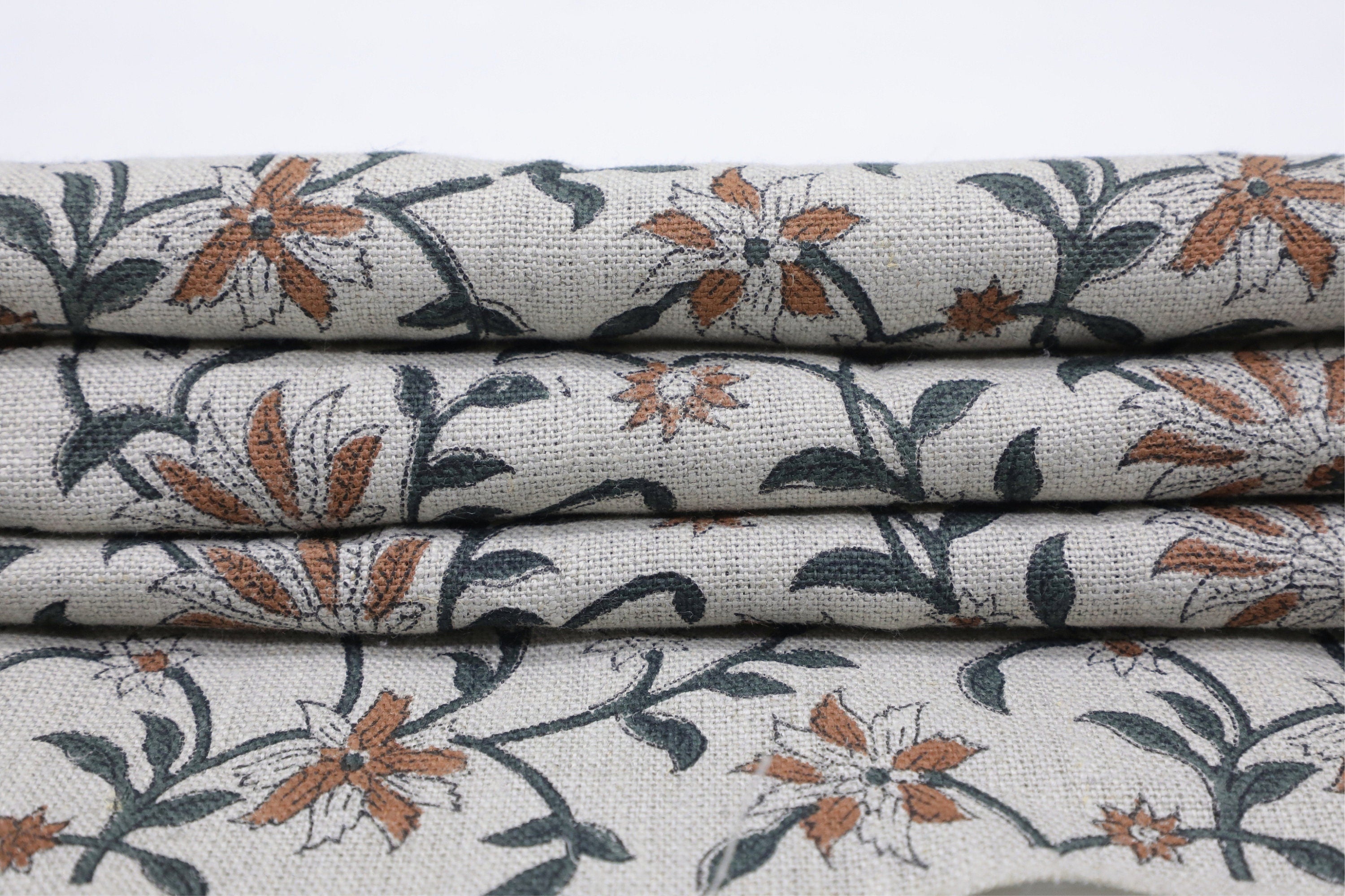 Decorative floral block print art, thick linen pure 58" wide fabric for table runner, curtain and pillow covers - JALDHARA