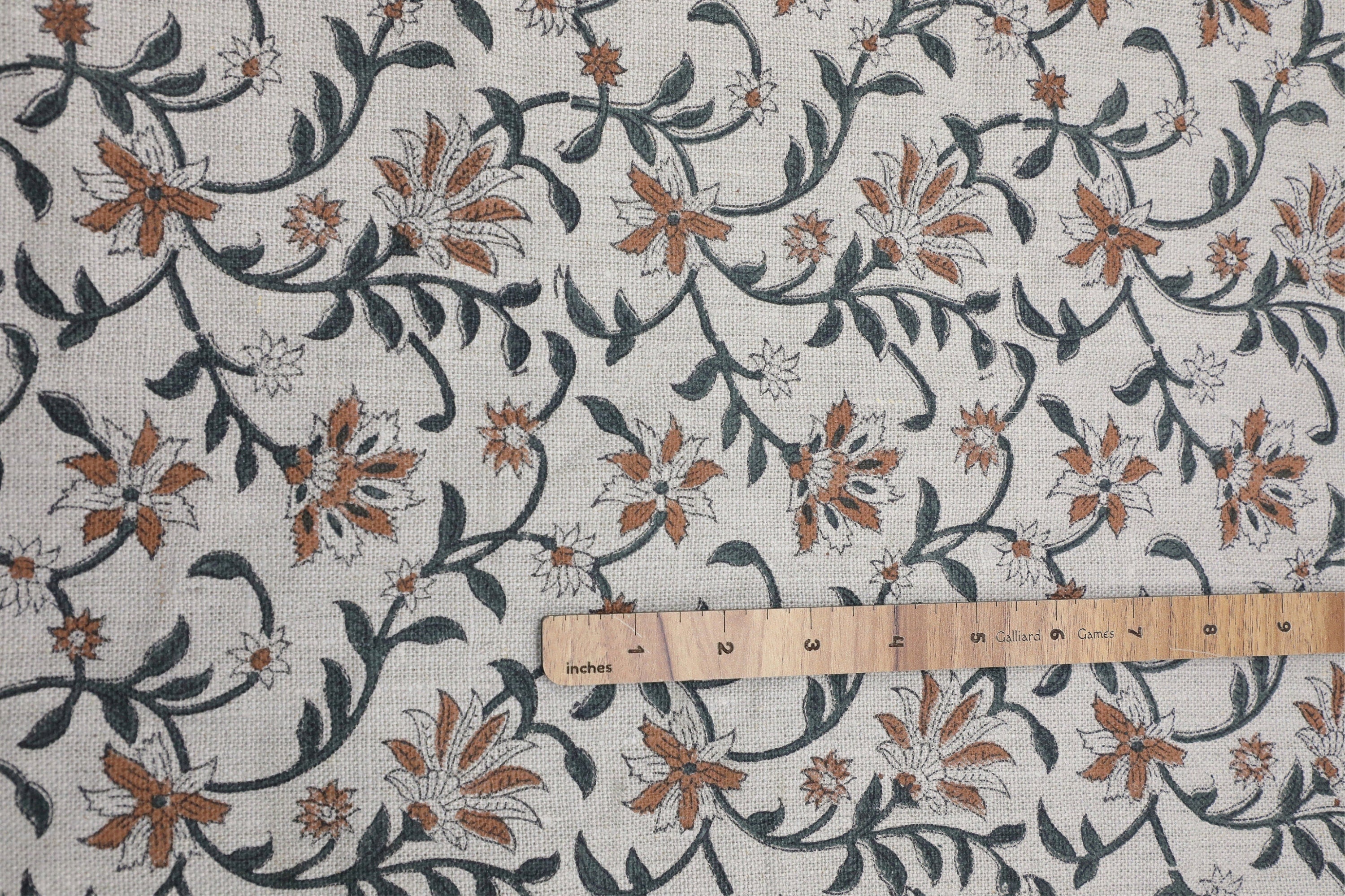Decorative floral block print art, thick linen pure 58" wide fabric for table runner, curtain and pillow covers - JALDHARA