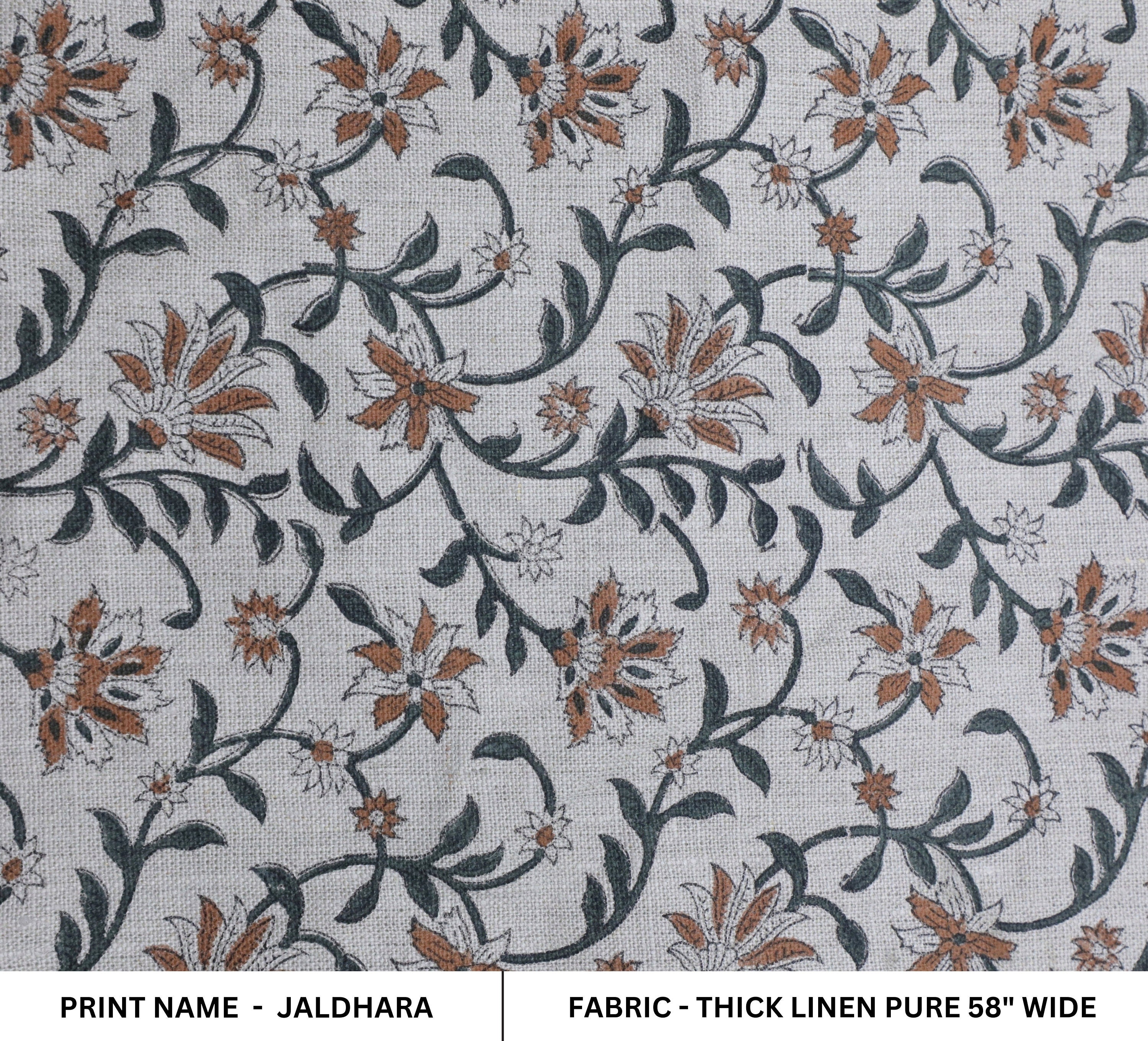 Decorative floral block print art, thick linen pure 58" wide fabric for table runner, curtain and pillow covers - JALDHARA