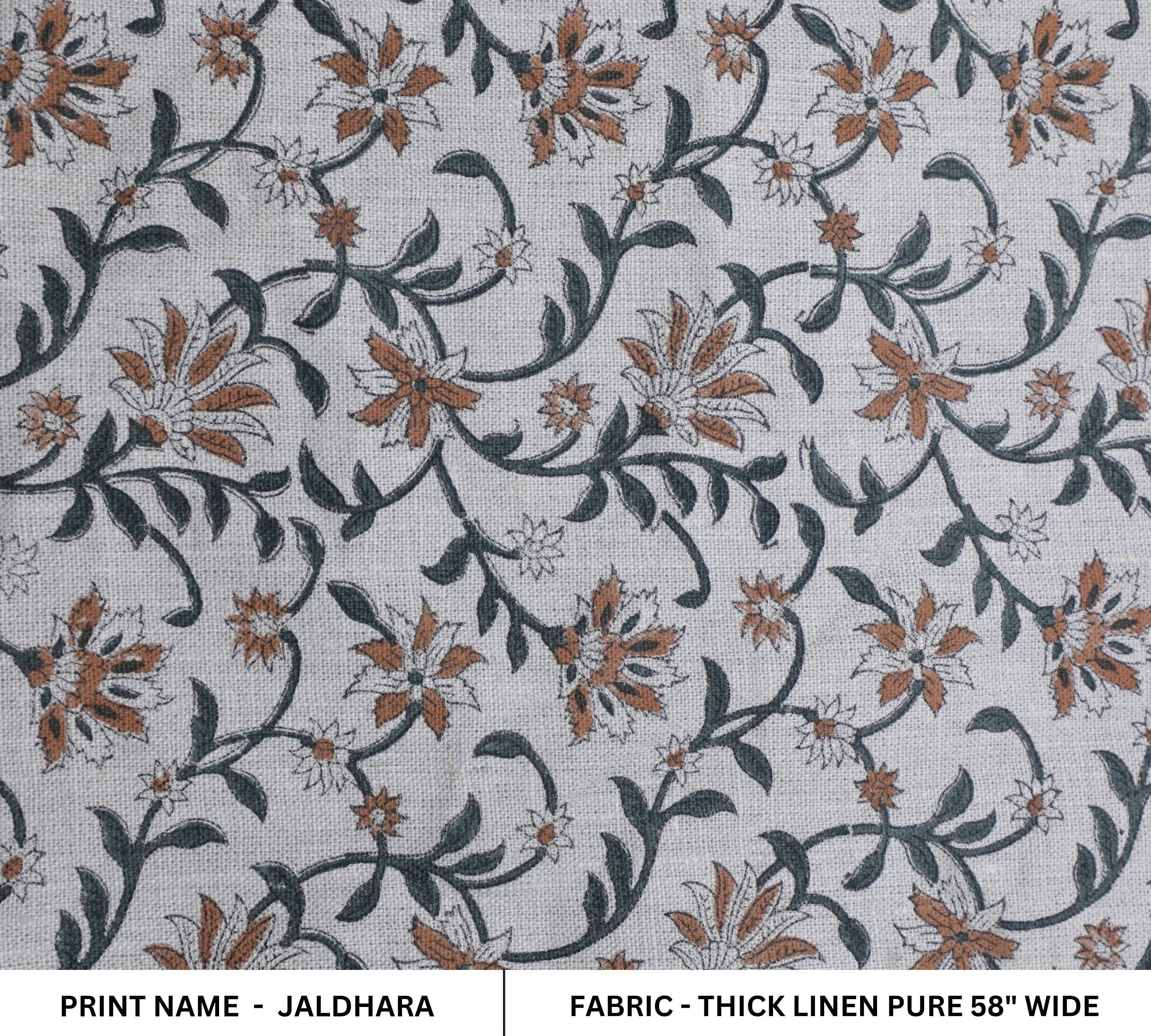 Decorative floral block print art, thick linen pure 58" wide fabric for table runner, curtain and pillow covers - JALDHARA
