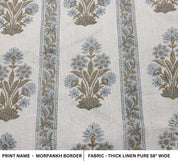 Thick linen pure 58" wide fabric for tablecloth, curtain and cushion covers,  floral block print art - MORPANKH BORDER