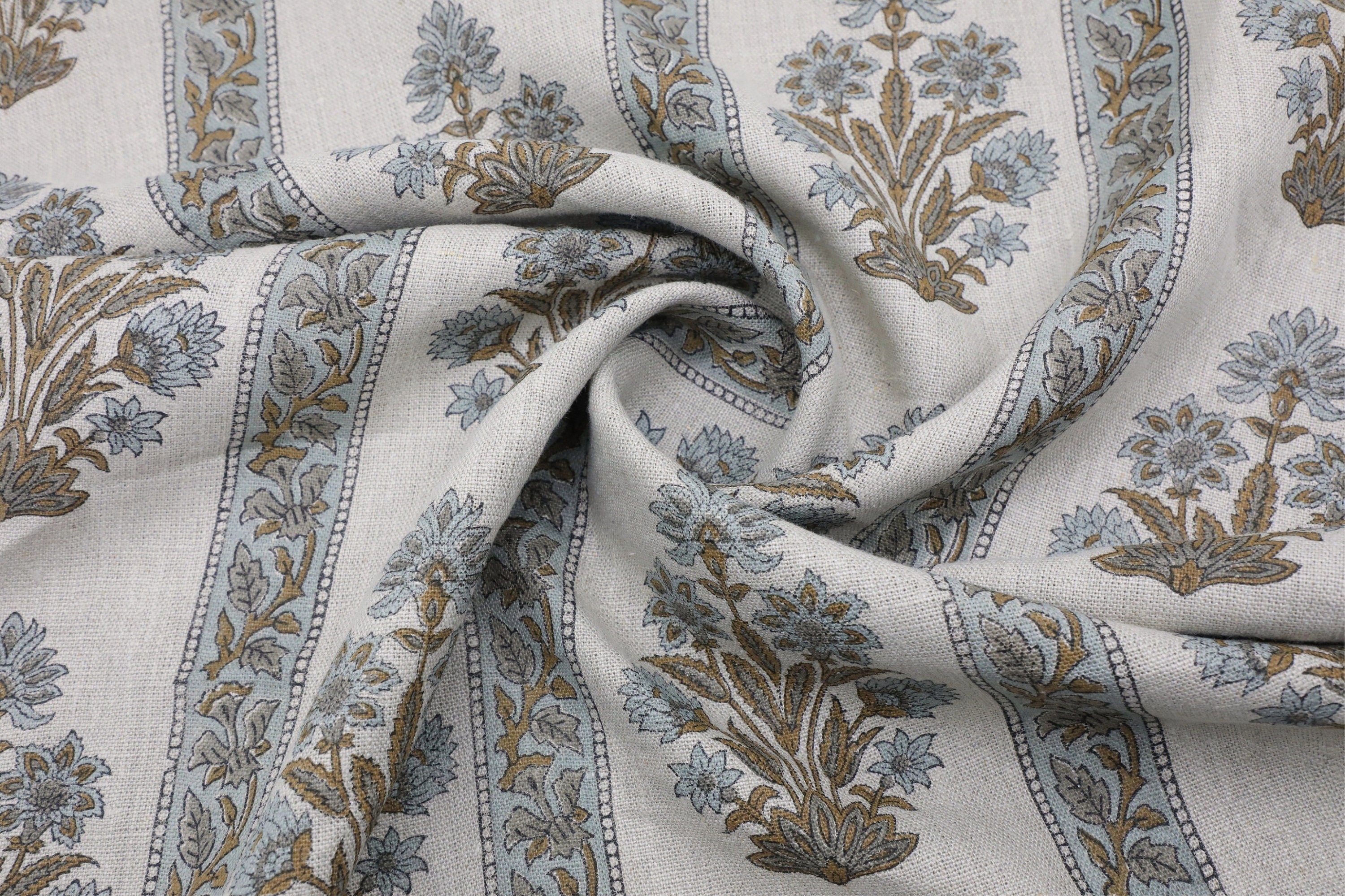 Thick linen pure 58" wide fabric for tablecloth, curtain and cushion covers,  floral block print art - MORPANKH BORDER