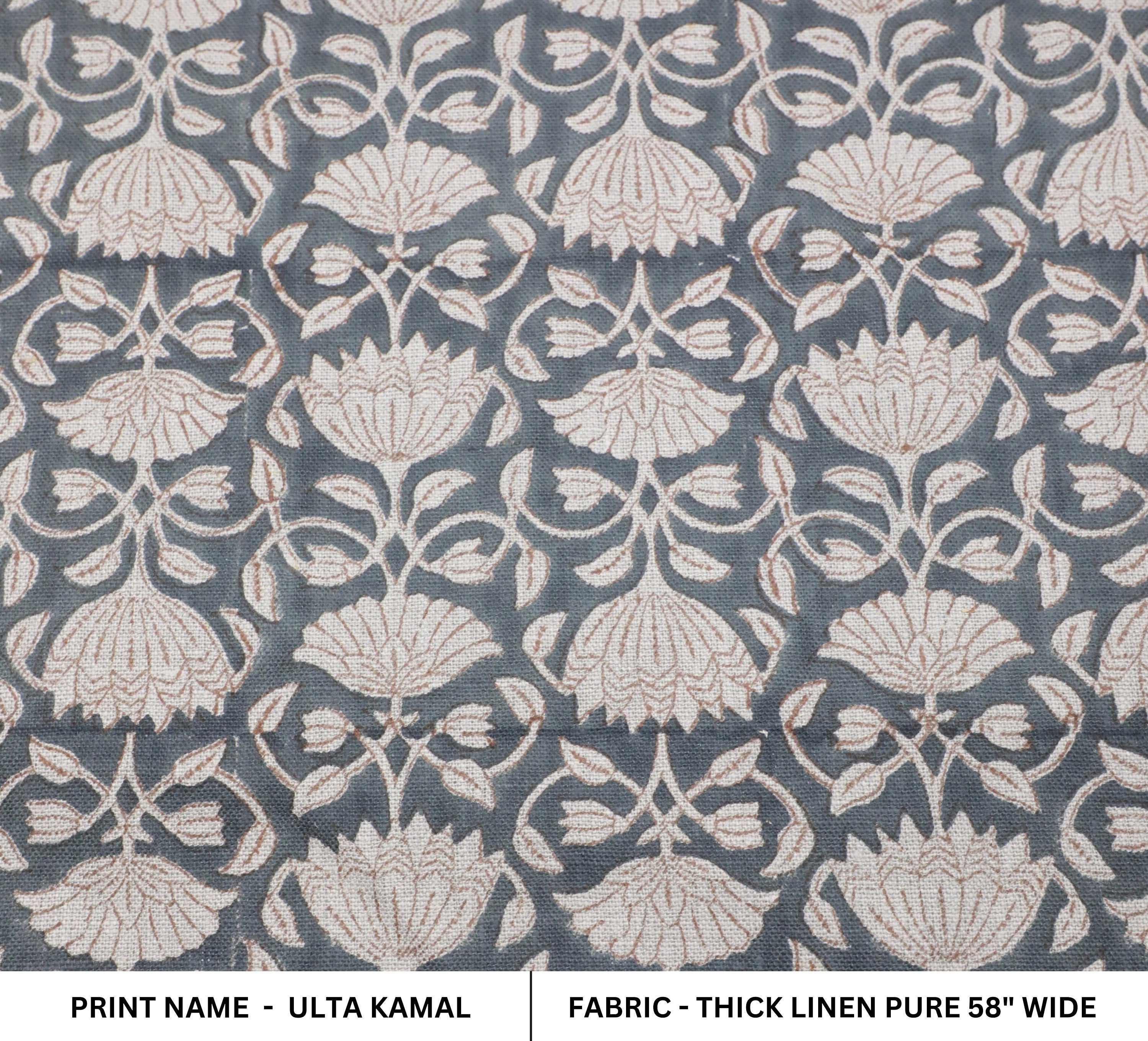 Printed fabric for window curtains, lampshade, pillow covers and napkins, thick linen pure 58" wide, Indian handmade art - ULTA KAMAL