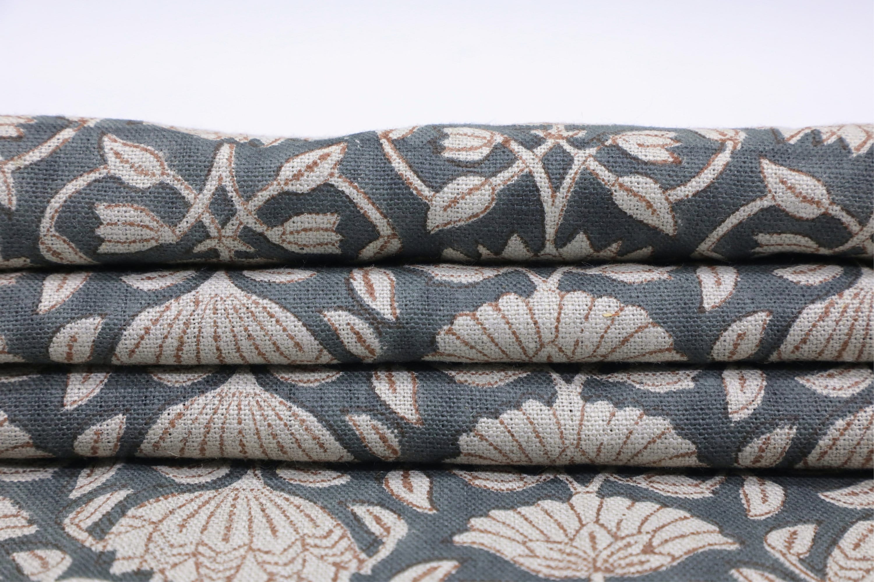 Printed fabric for window curtains, lampshade, pillow covers and napkins, thick linen pure 58" wide, Indian handmade art - ULTA KAMAL