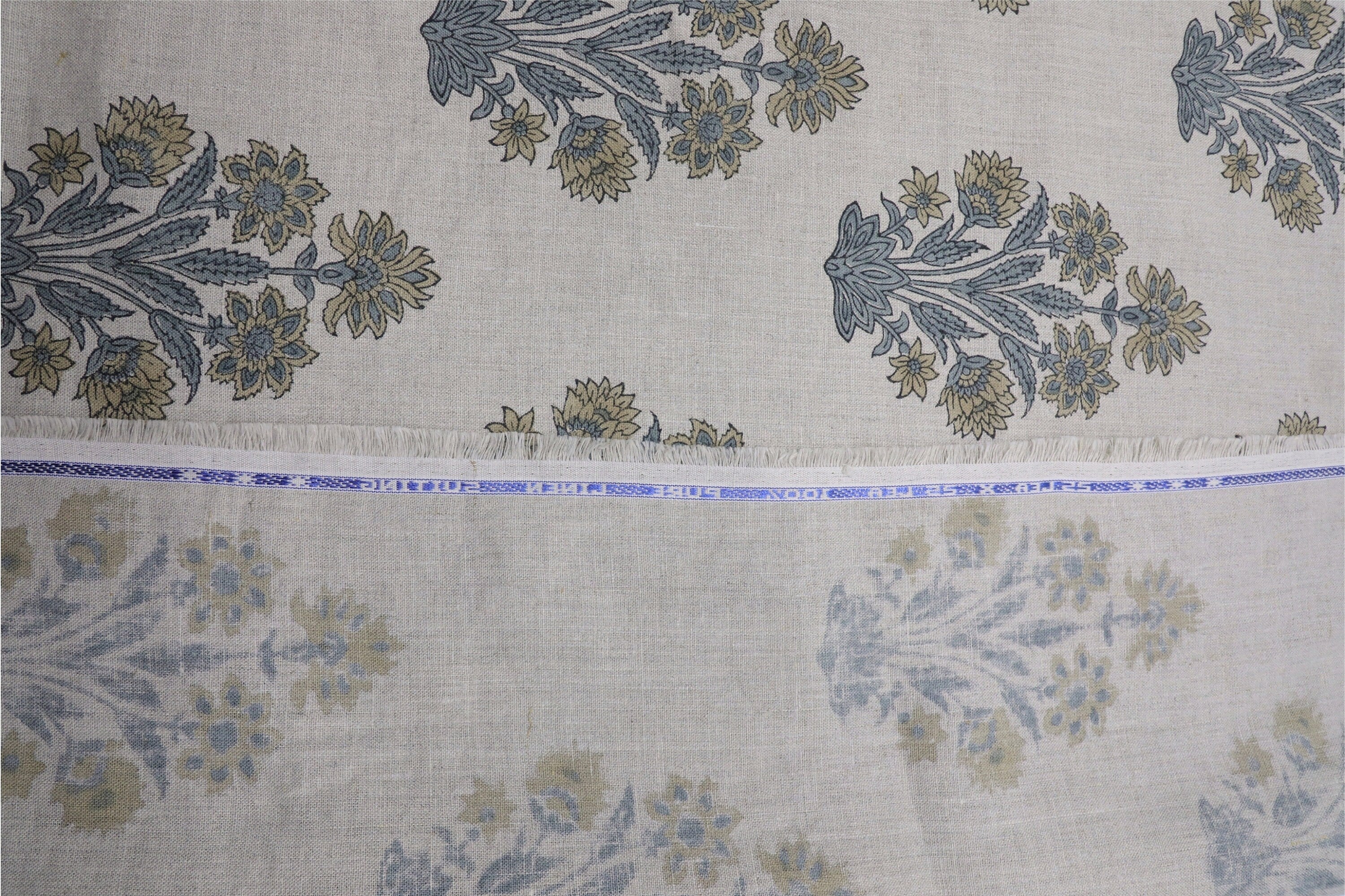 Print linen fabric, pure linen 58" wide, Indian handmade art, fabric for window valance, shades, cushion and pillow cover - MORPANKH