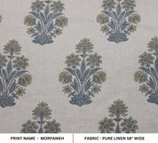 Print linen fabric, pure linen 58" wide, Indian handmade art, fabric for window valance, shades, cushion and pillow cover - MORPANKH