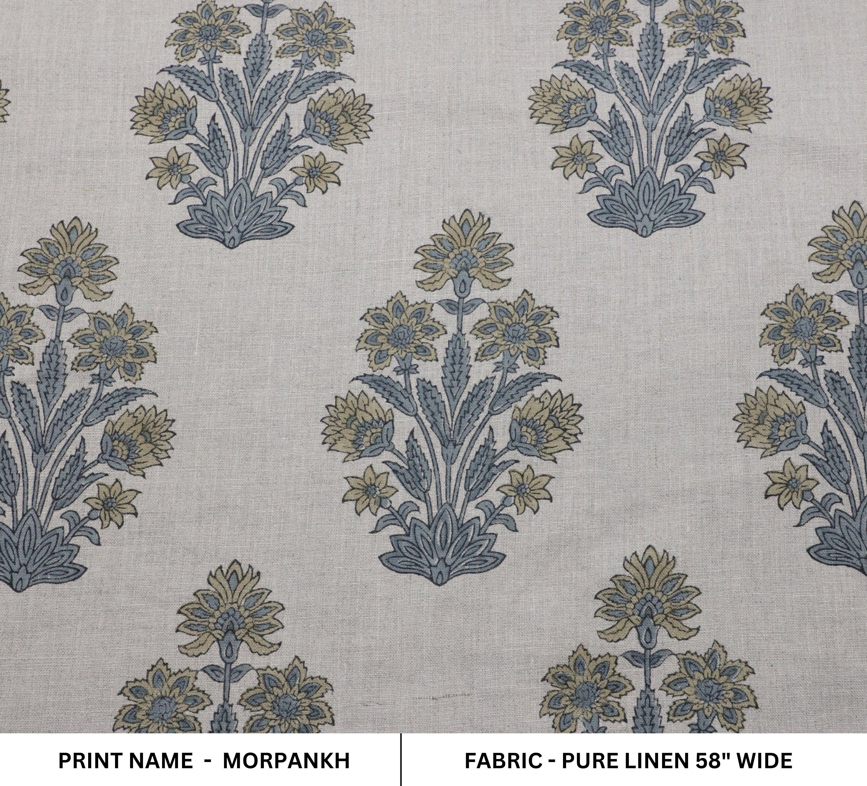 Print linen fabric, pure linen 58" wide, Indian handmade art, fabric for window valance, shades, cushion and pillow cover - MORPANKH