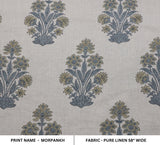 Hand-stamped Block Printed Floral Green & Gray in 100% Pure Linen Fabric - MORPANKH