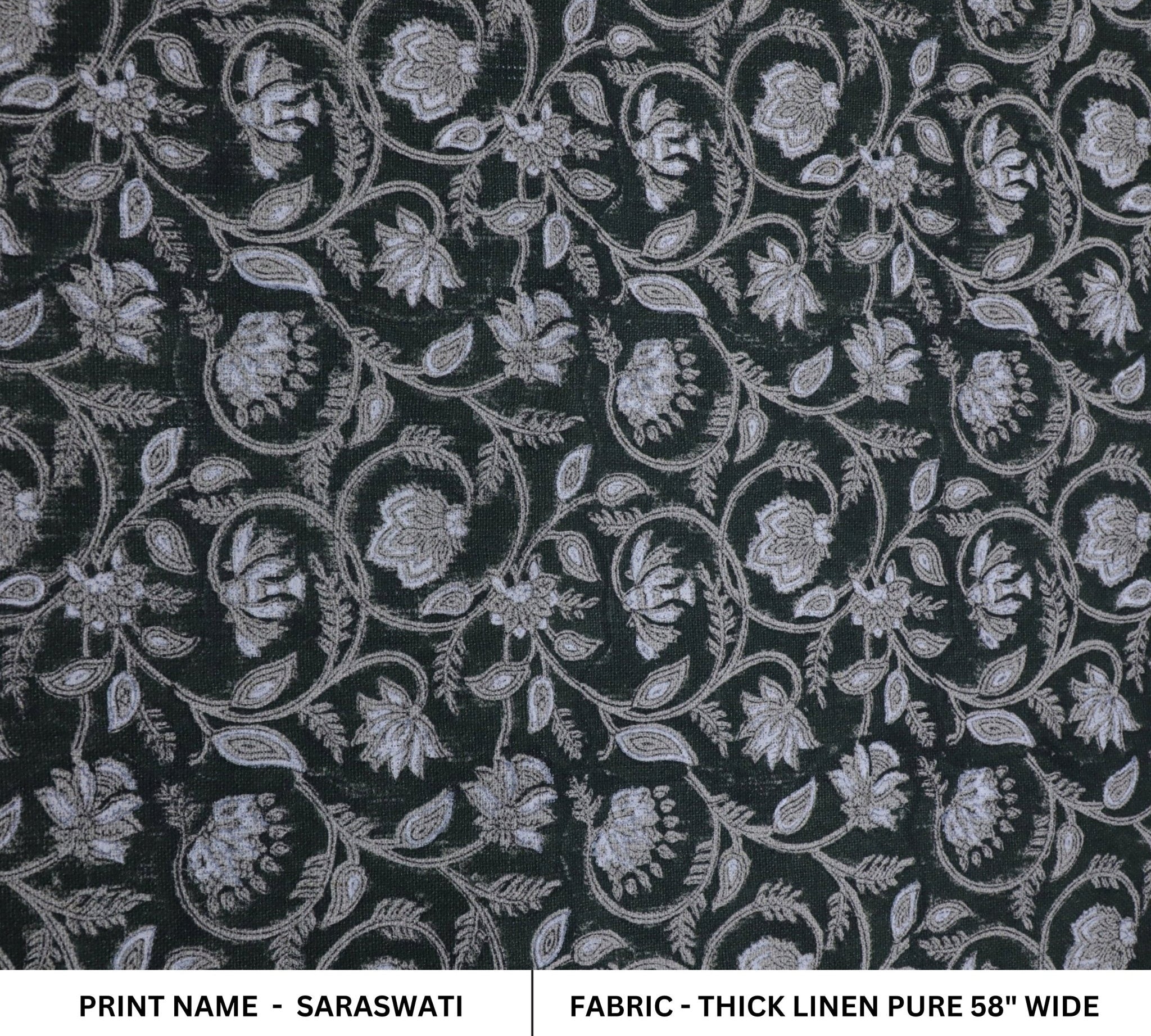 Floral block print curtains, pillow, cushion, thick linen pure 58" wide, dark green fabric - SARASWATI