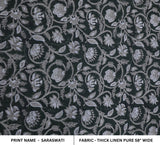 Thick Linen Pure Black and Gray Floral Handmade Block Printed Throw Boho Fabric - SARASWATI