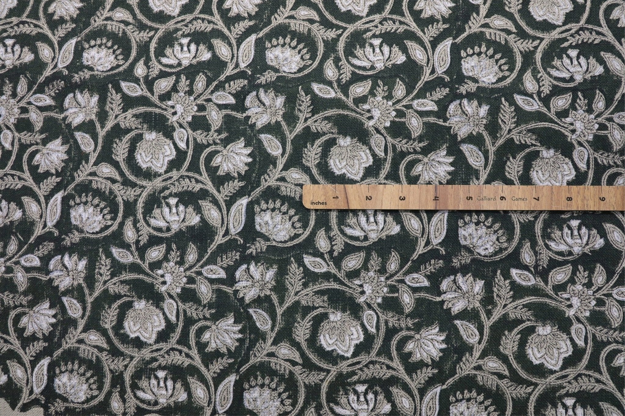 Floral block print curtains, pillow, cushion, thick linen pure 58" wide, dark green fabric - SARASWATI