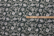 Floral block print curtains, pillow, cushion, thick linen pure 58" wide, dark green fabric - SARASWATI
