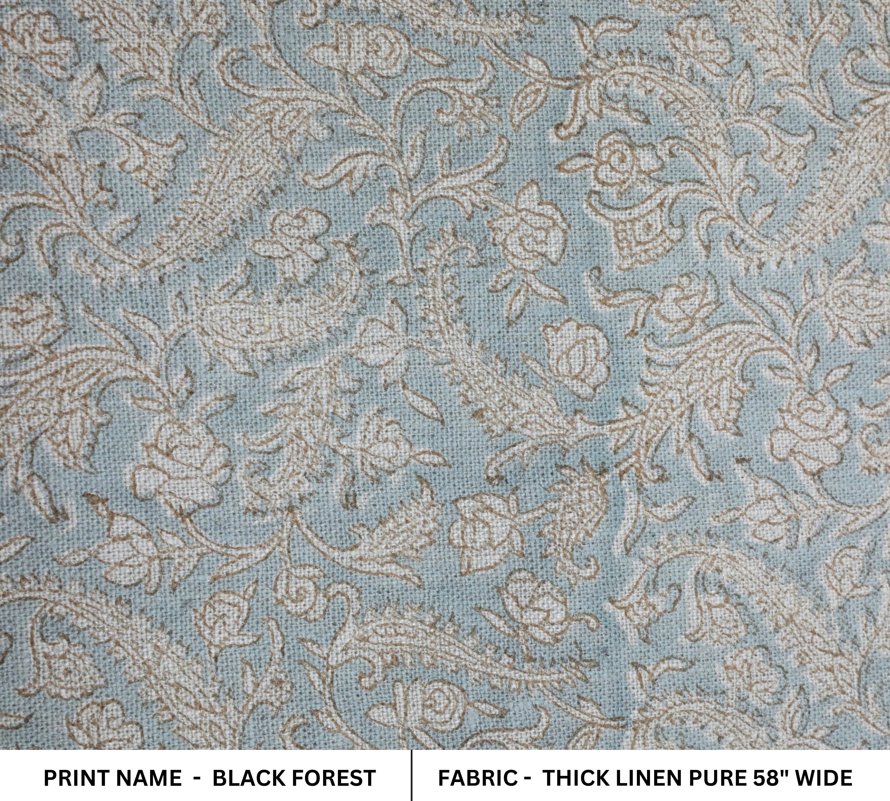 Thick linen pure 58" wide, floral linen fabric, printed fabric, upholstery for couch cushion cover - BLACK FOREST