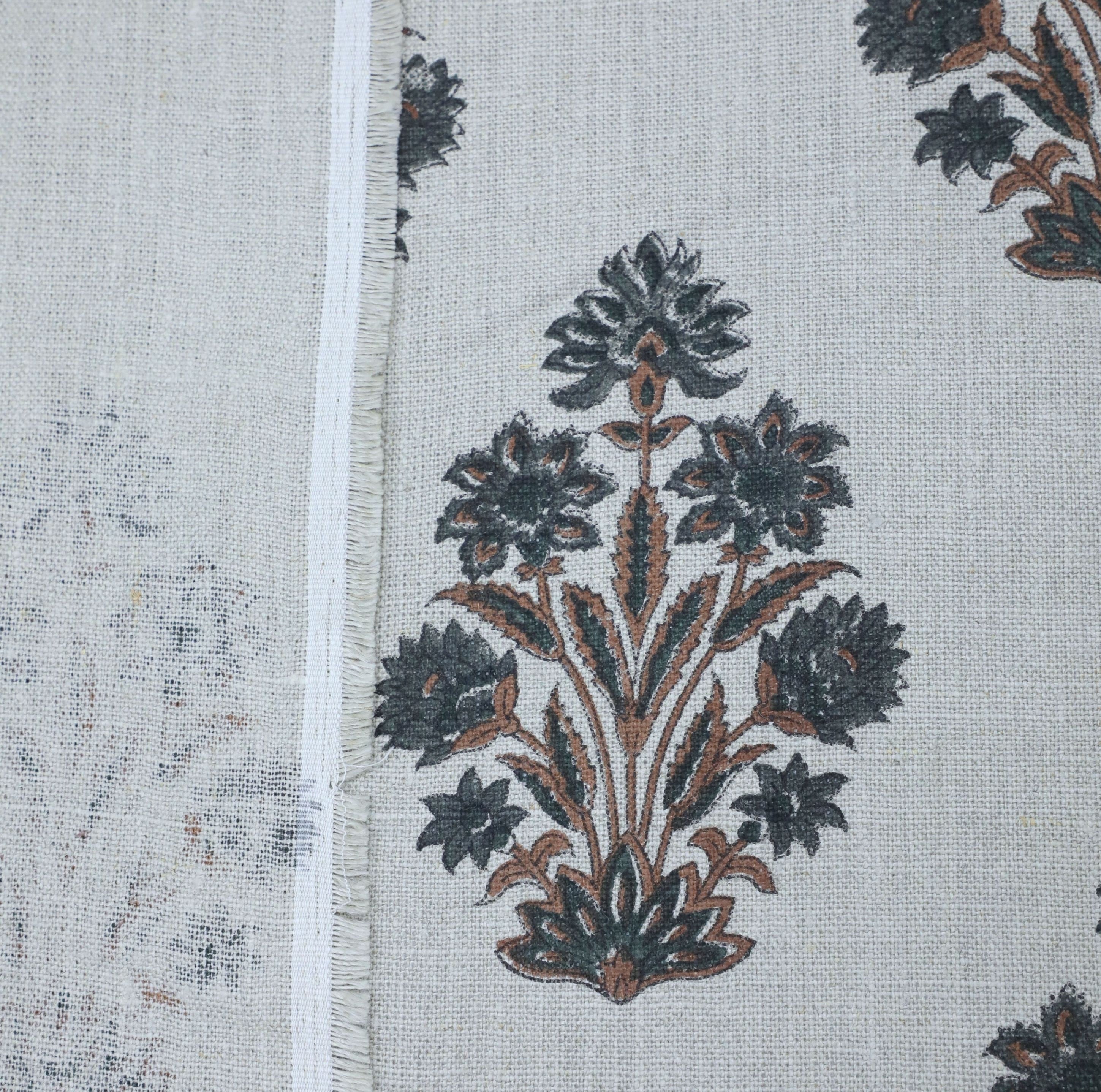 Thick linen block printed fabric for curtains, pillows, cushions, floral handmade art, Indian fabric - MORPANKH