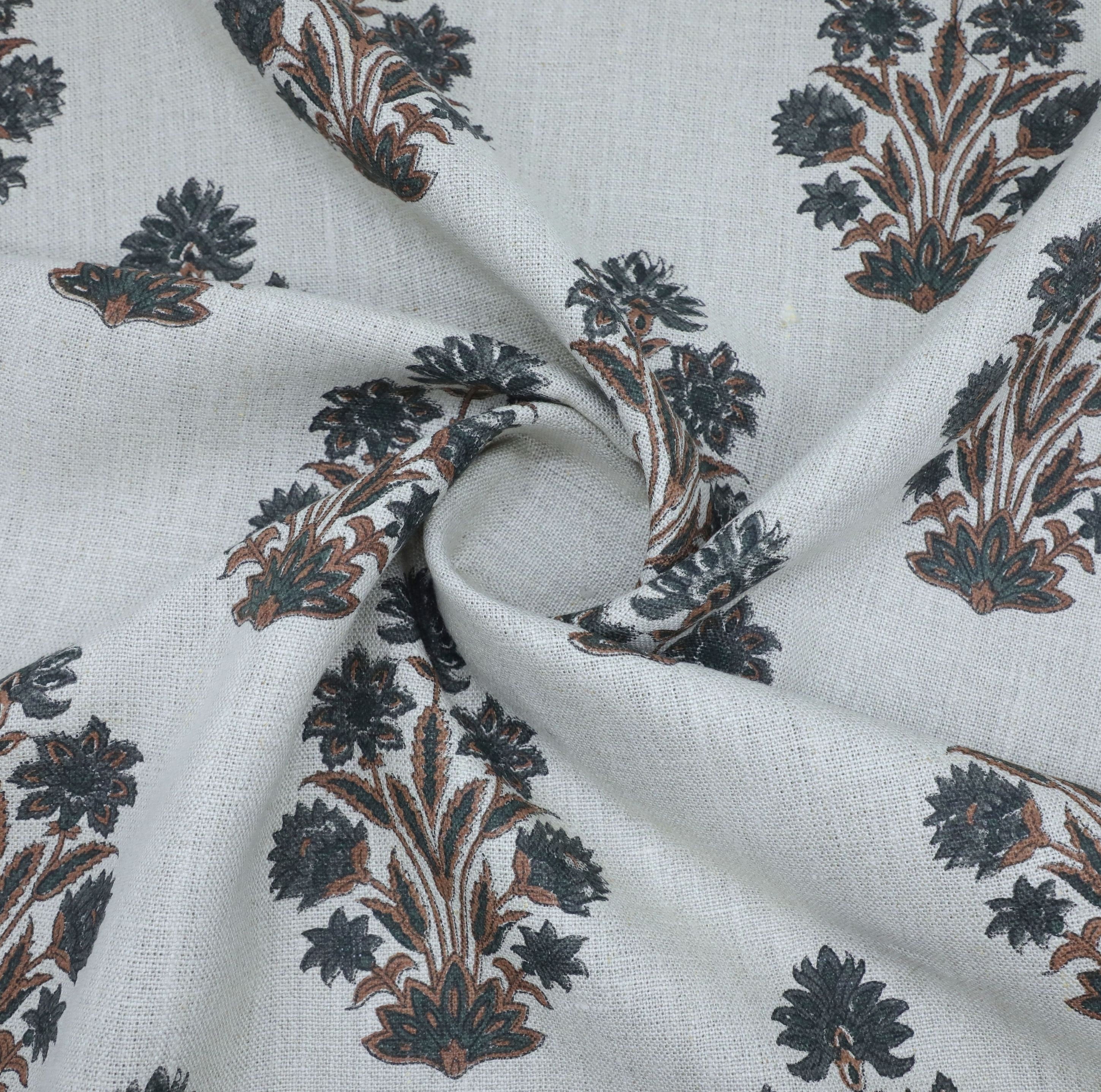 Thick linen block printed fabric for curtains, pillows, cushions, floral handmade art, Indian fabric - MORPANKH