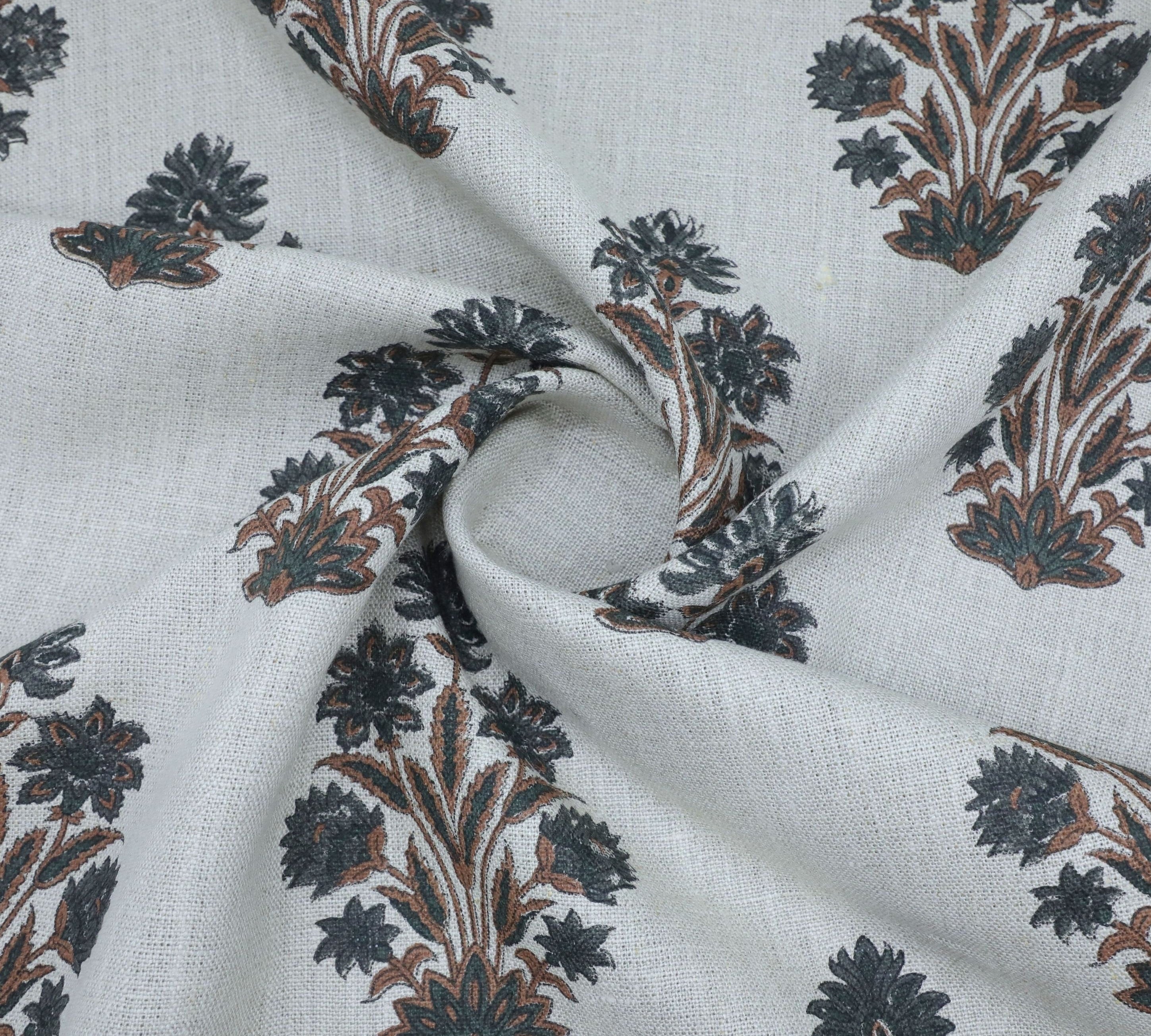 Thick linen block printed fabric for curtains, pillows, cushions, floral handmade art, Indian fabric - MORPANKH