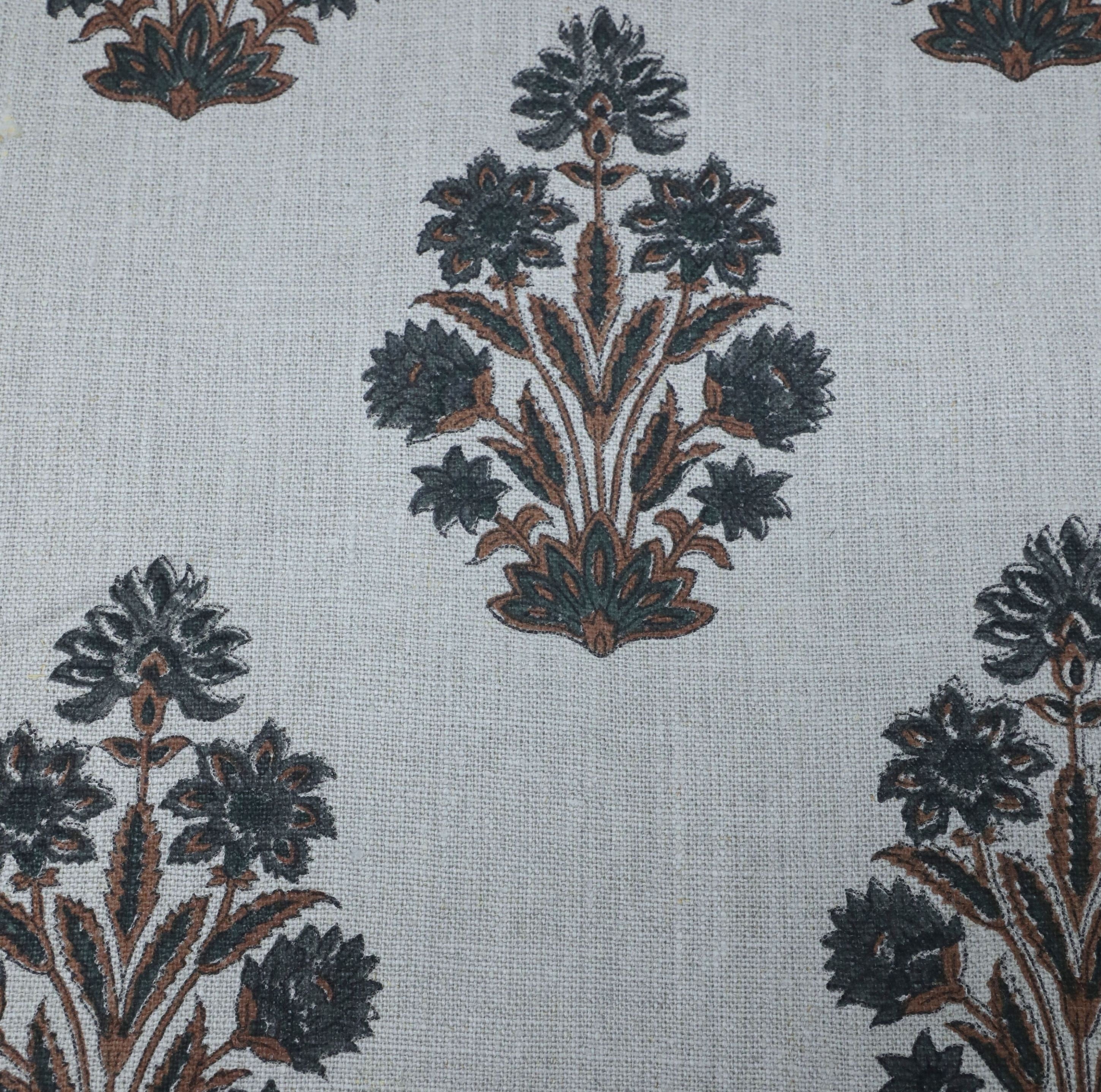 Thick linen block printed fabric for curtains, pillows, cushions, floral handmade art, Indian fabric - MORPANKH