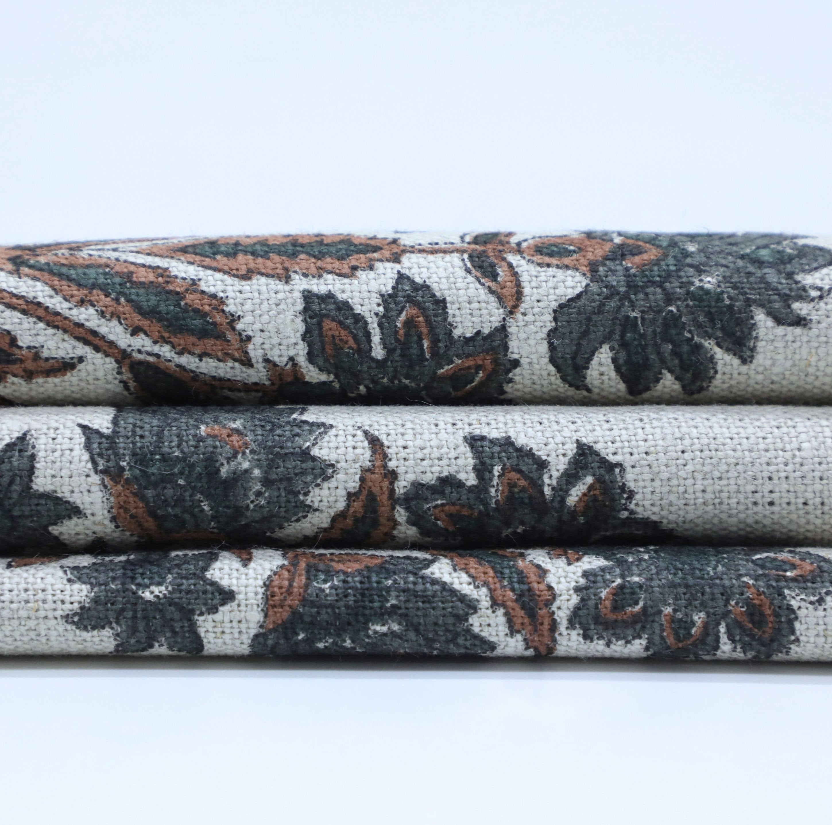 Thick linen block printed fabric for curtains, pillows, cushions, floral handmade art, Indian fabric - MORPANKH