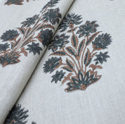 Thick linen block printed fabric for curtains, pillows, cushions, floral handmade art, Indian fabric - MORPANKH