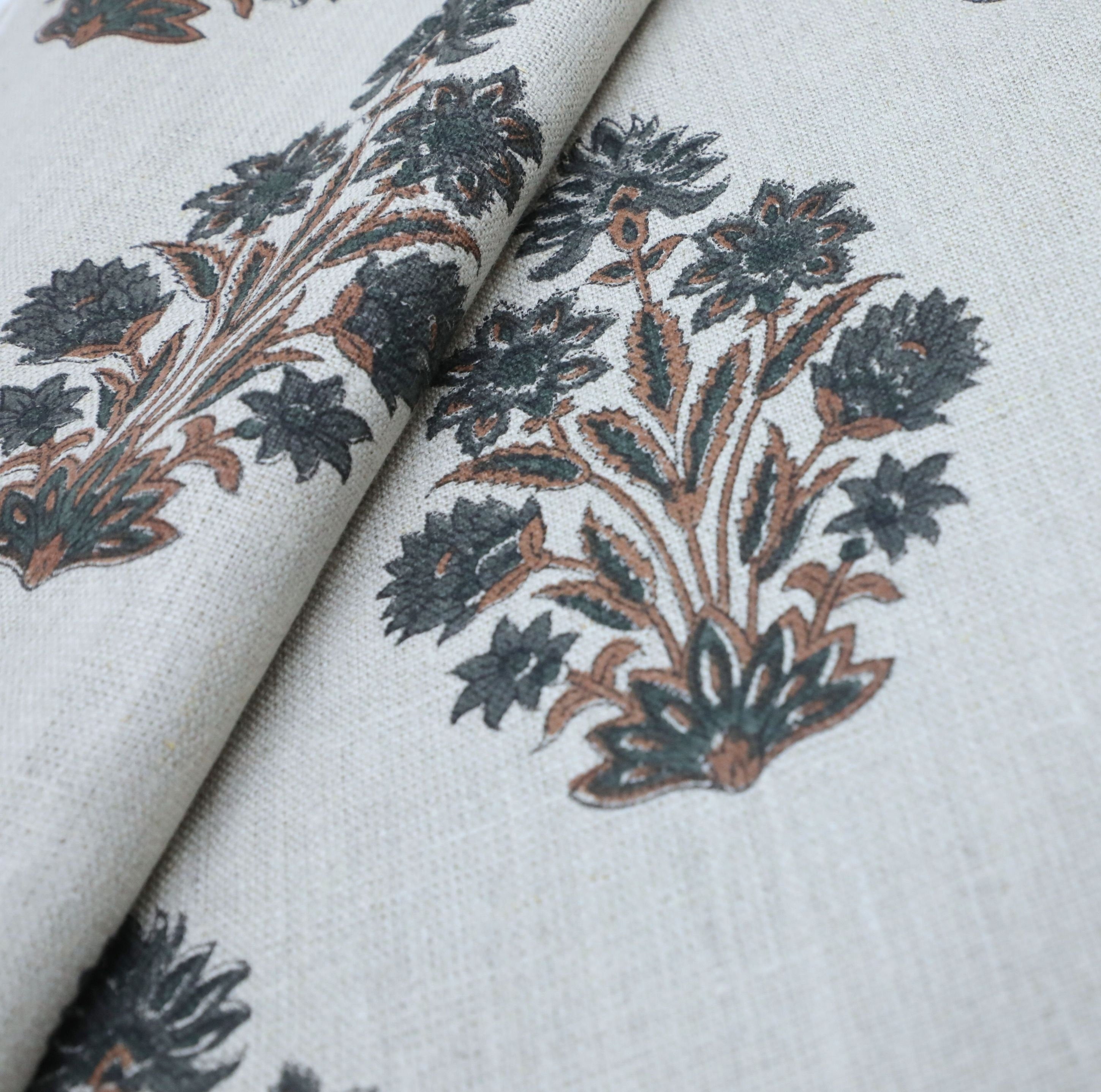 Thick linen block printed fabric for curtains, pillows, cushions, floral handmade art, Indian fabric - MORPANKH