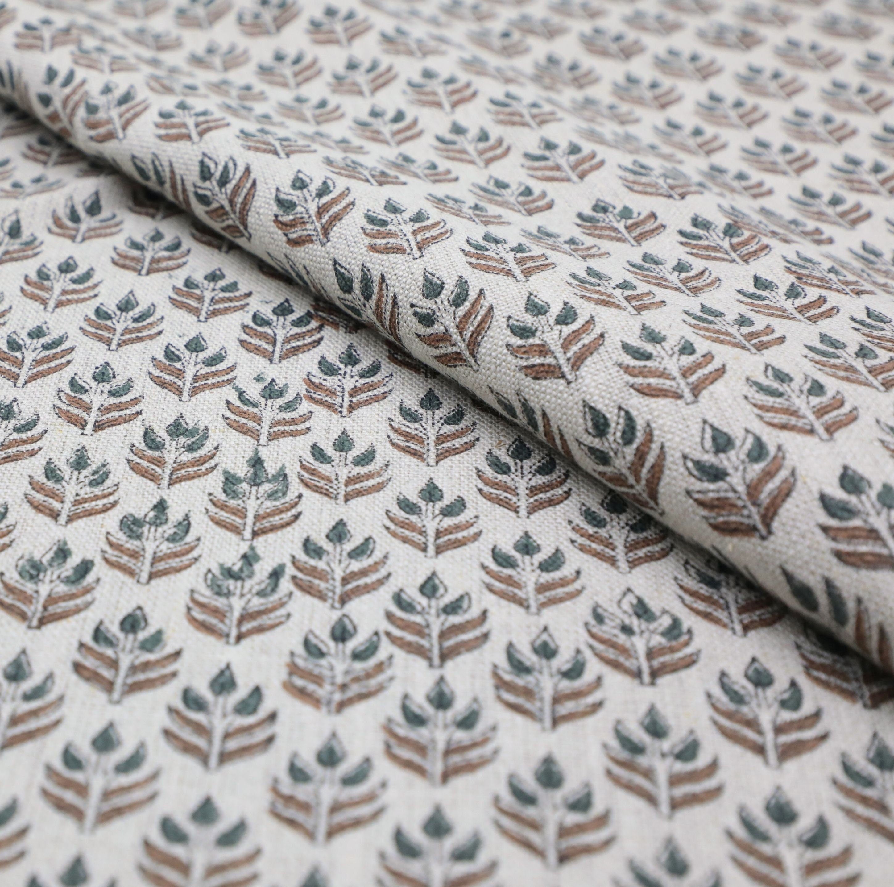 Hand block print, thick linen 58" wide, floral leaf print, linen upholstery drapery fabric, table napkins - ALIA