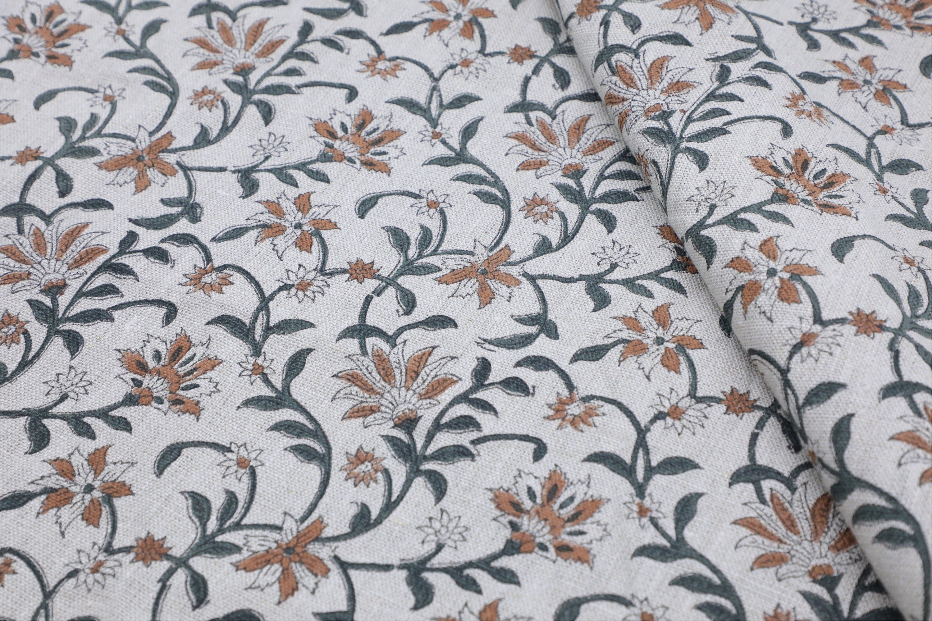 Decorative floral block print art, thick linen pure 58" wide fabric for table runner, curtain and pillow covers - JALDHARA