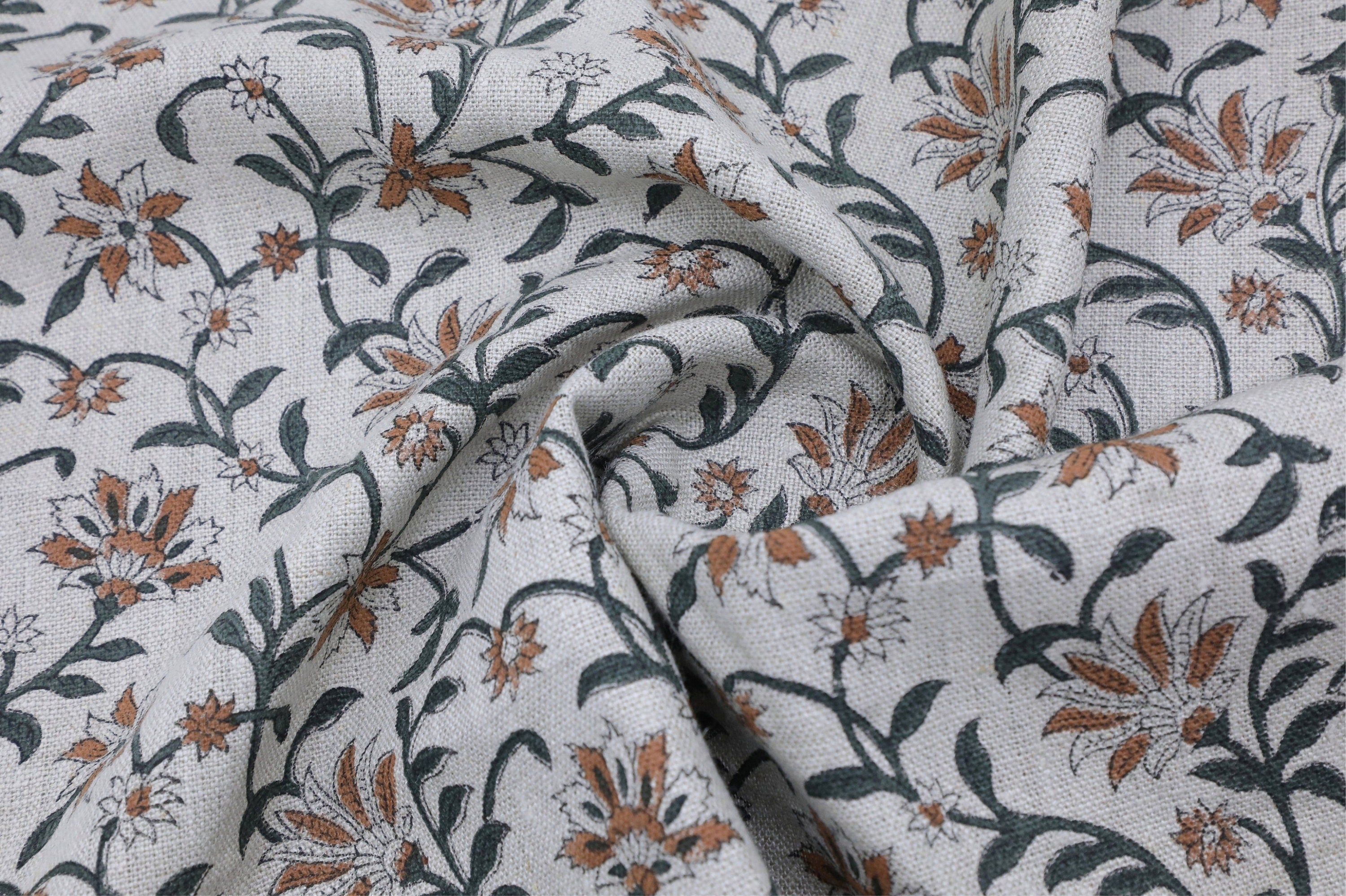 Decorative floral block print art, thick linen pure 58" wide fabric for table runner, curtain and pillow covers - JALDHARA