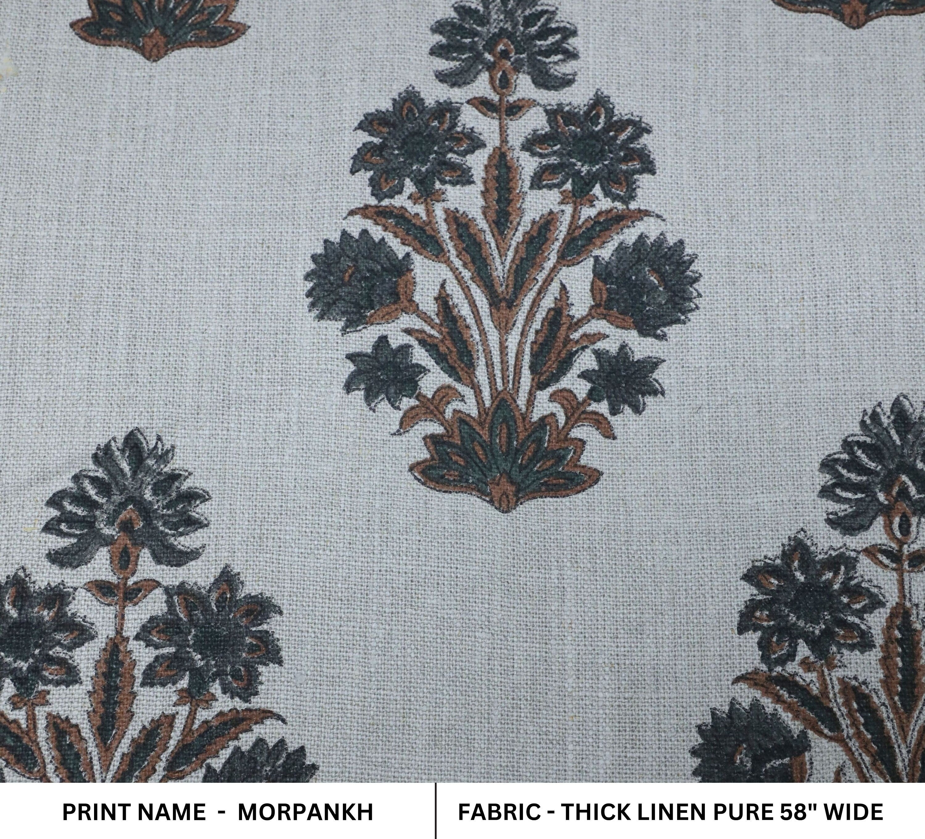 Thick linen block printed fabric for curtains, pillows, cushions, floral handmade art, Indian fabric - MORPANKH