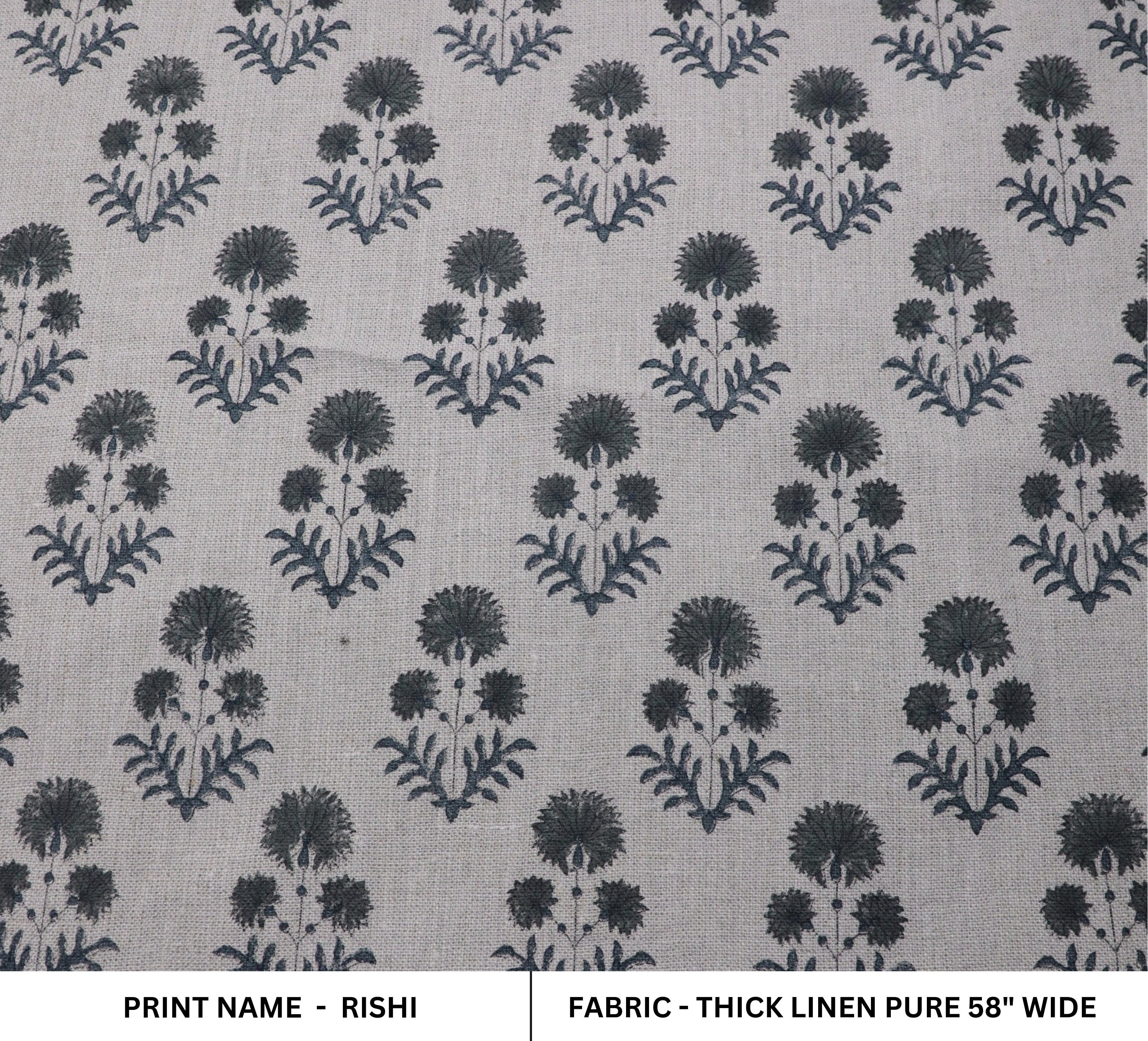 Hand block print, thick linen pure 58" wide, cushion floral fabric, linen tablecloth and napkins - RISHI