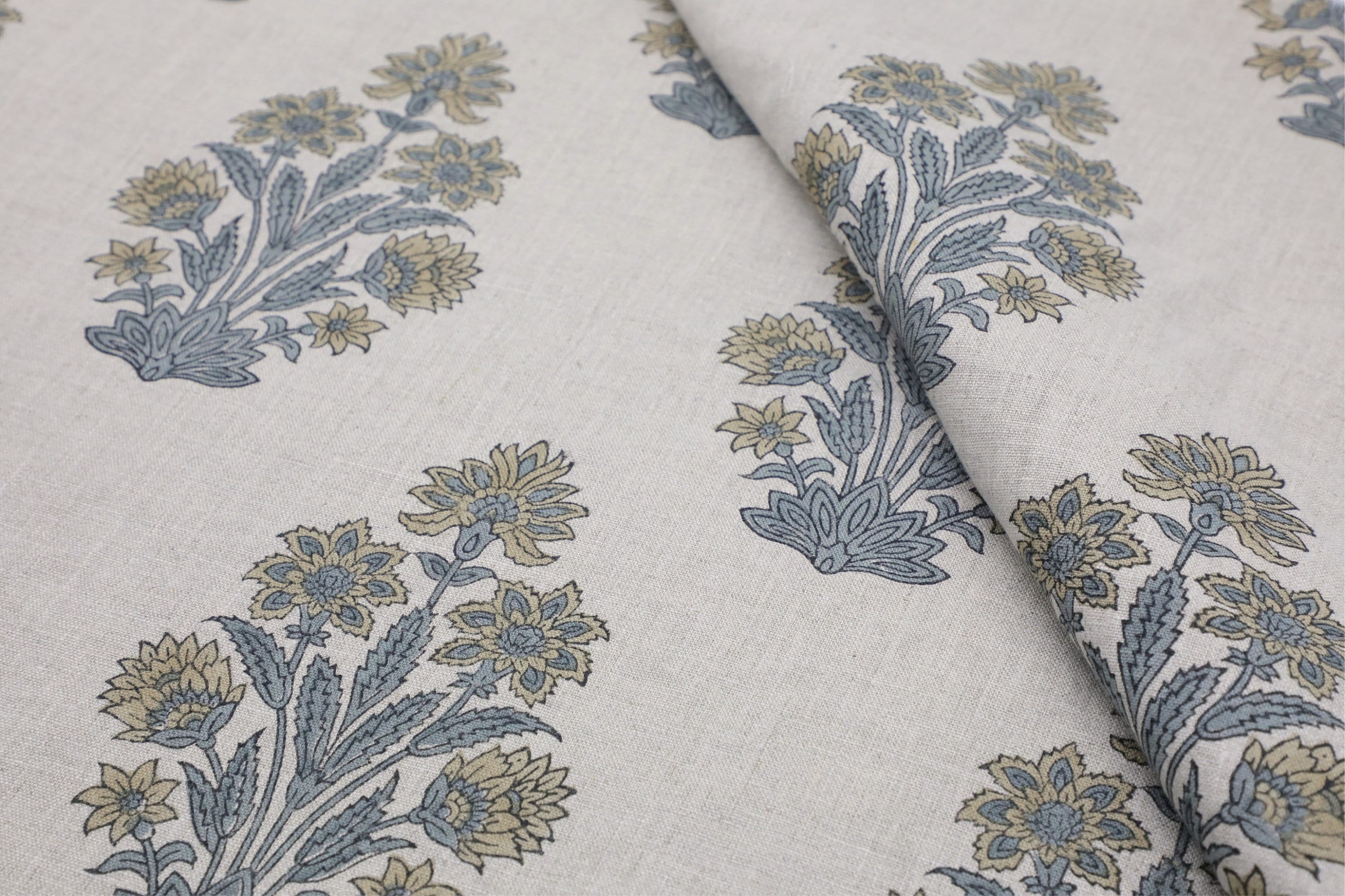 Print linen fabric, pure linen 58" wide, Indian handmade art, fabric for window valance, shades, cushion and pillow cover - MORPANKH