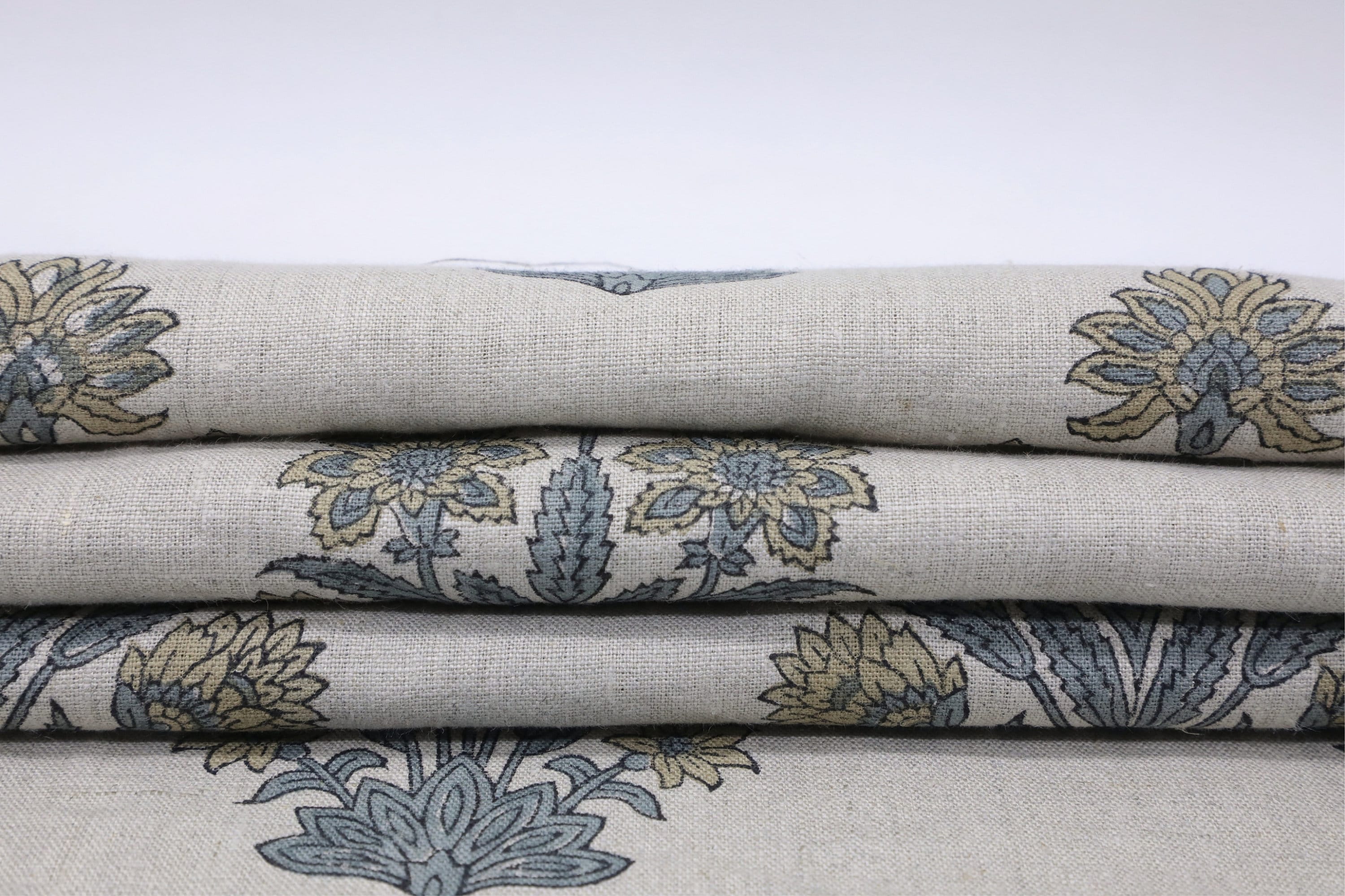 Print linen fabric, pure linen 58" wide, Indian handmade art, fabric for window valance, shades, cushion and pillow cover - MORPANKH