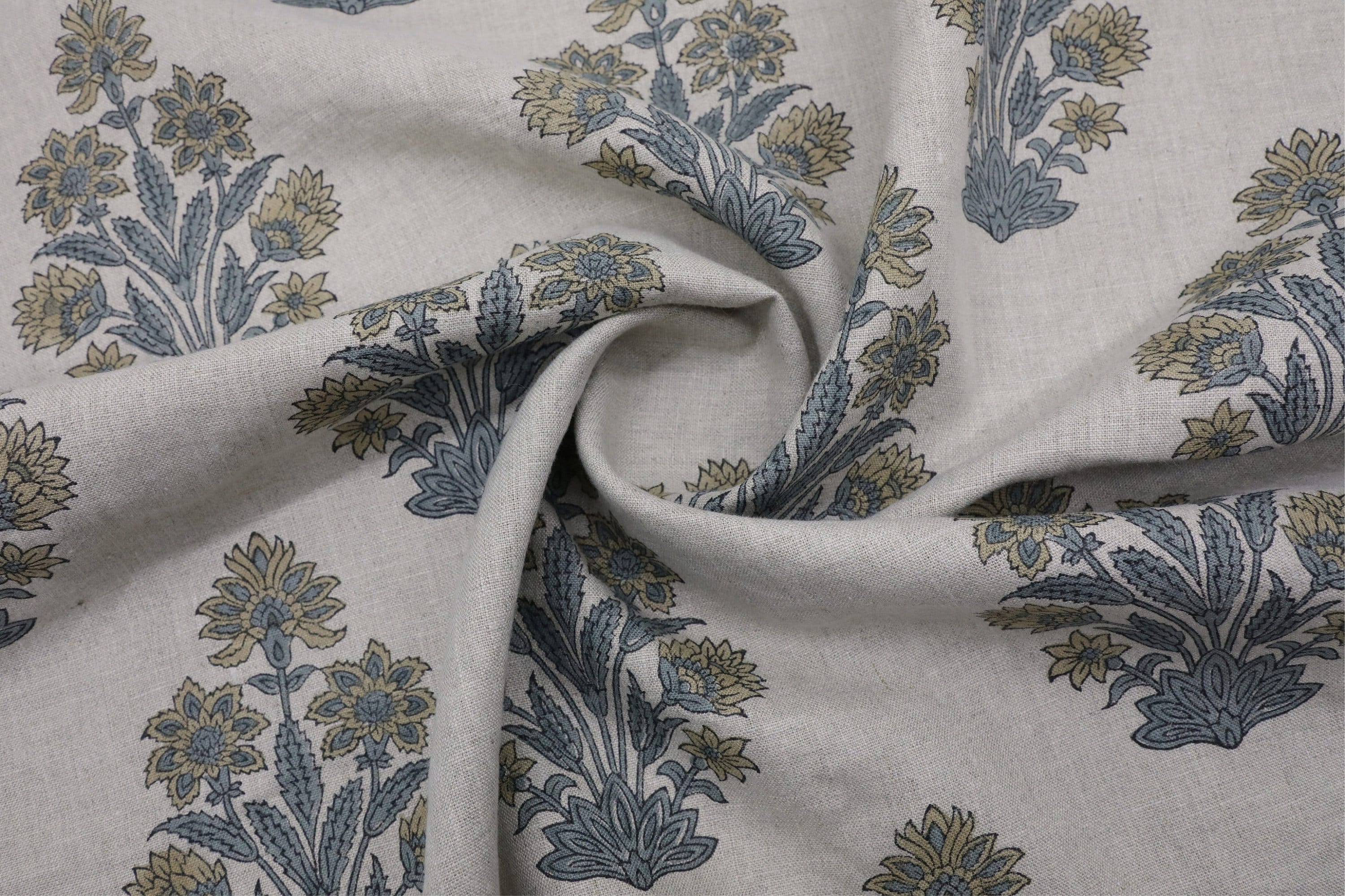 Print linen fabric, pure linen 58" wide, Indian handmade art, fabric for window valance, shades, cushion and pillow cover - MORPANKH