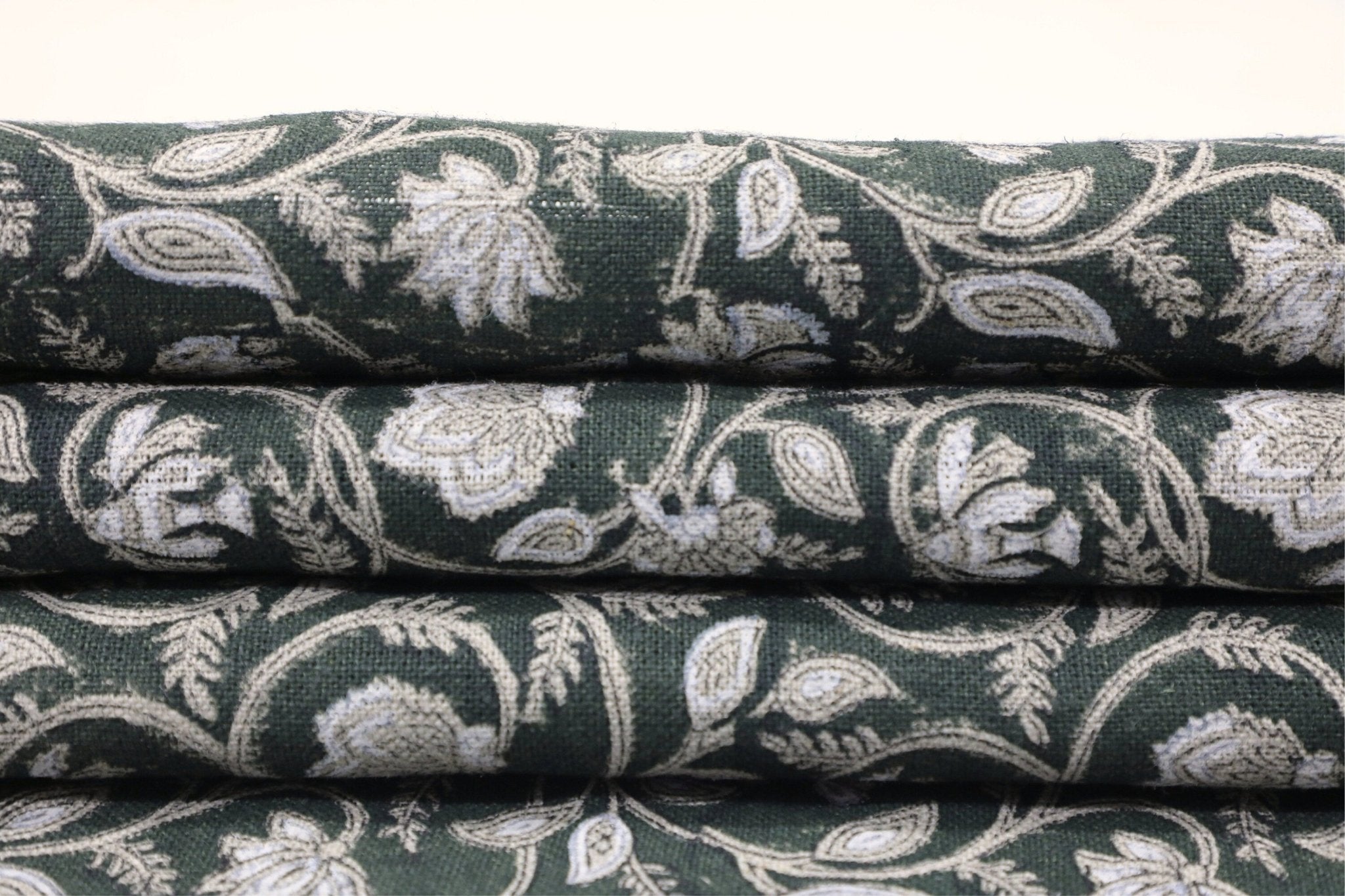 Floral block print curtains, pillow, cushion, thick linen pure 58" wide, dark green fabric - SARASWATI