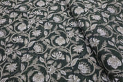 Floral block print curtains, pillow, cushion, thick linen pure 58" wide, dark green fabric - SARASWATI