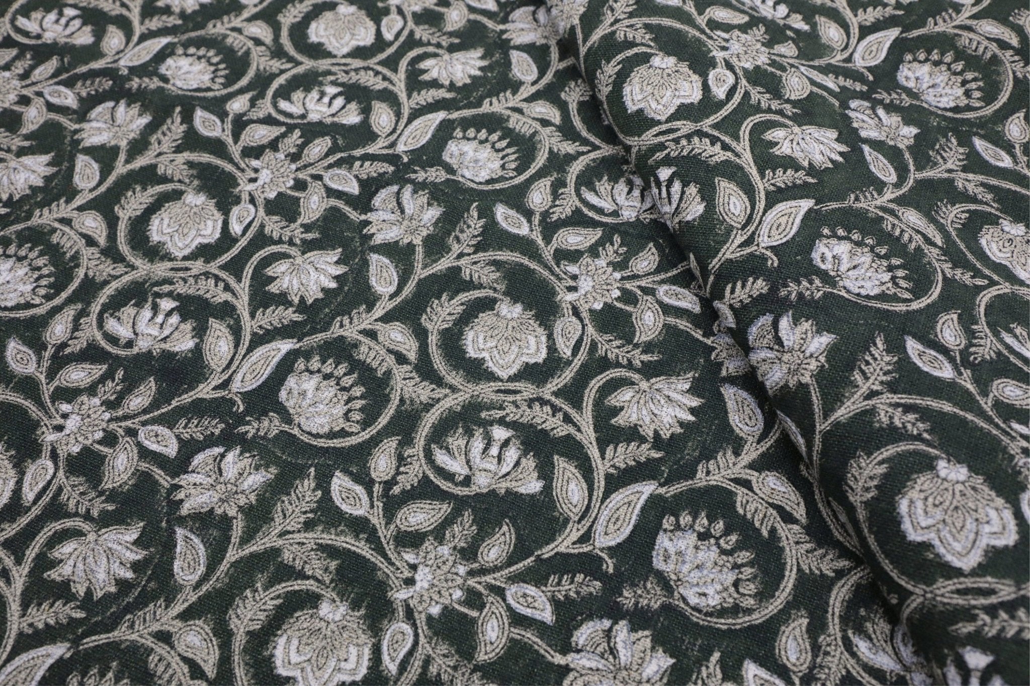 Floral block print curtains, pillow, cushion, thick linen pure 58" wide, dark green fabric - SARASWATI