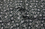 Floral block print curtains, pillow, cushion, thick linen pure 58" wide, dark green fabric - SARASWATI