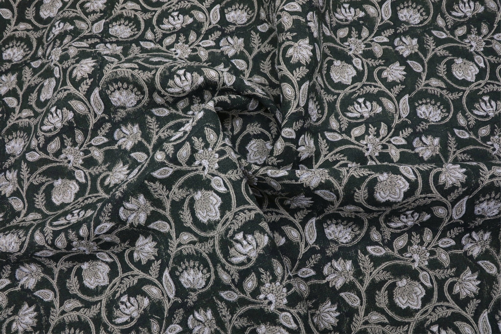 Floral block print curtains, pillow, cushion, thick linen pure 58" wide, dark green fabric - SARASWATI