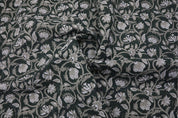 Floral block print curtains, pillow, cushion, thick linen pure 58" wide, dark green fabric - SARASWATI