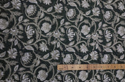 Floral block print curtains, pillow, cushion, thick linen pure 58" wide, dark green fabric - SARASWATI