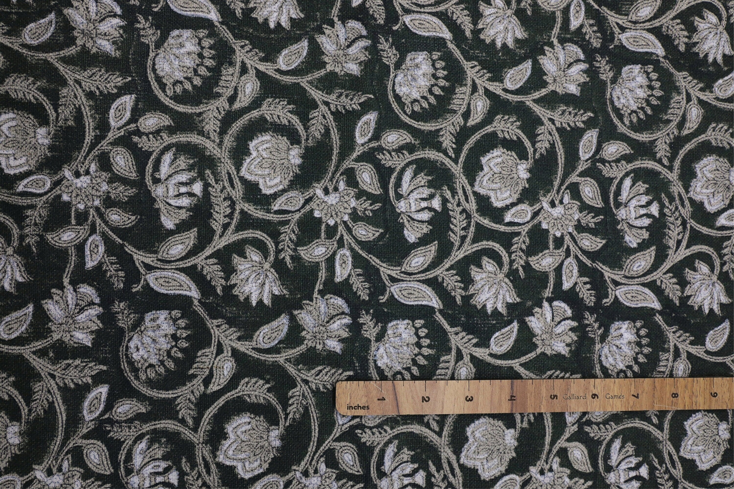 Floral block print curtains, pillow, cushion, thick linen pure 58" wide, dark green fabric - SARASWATI