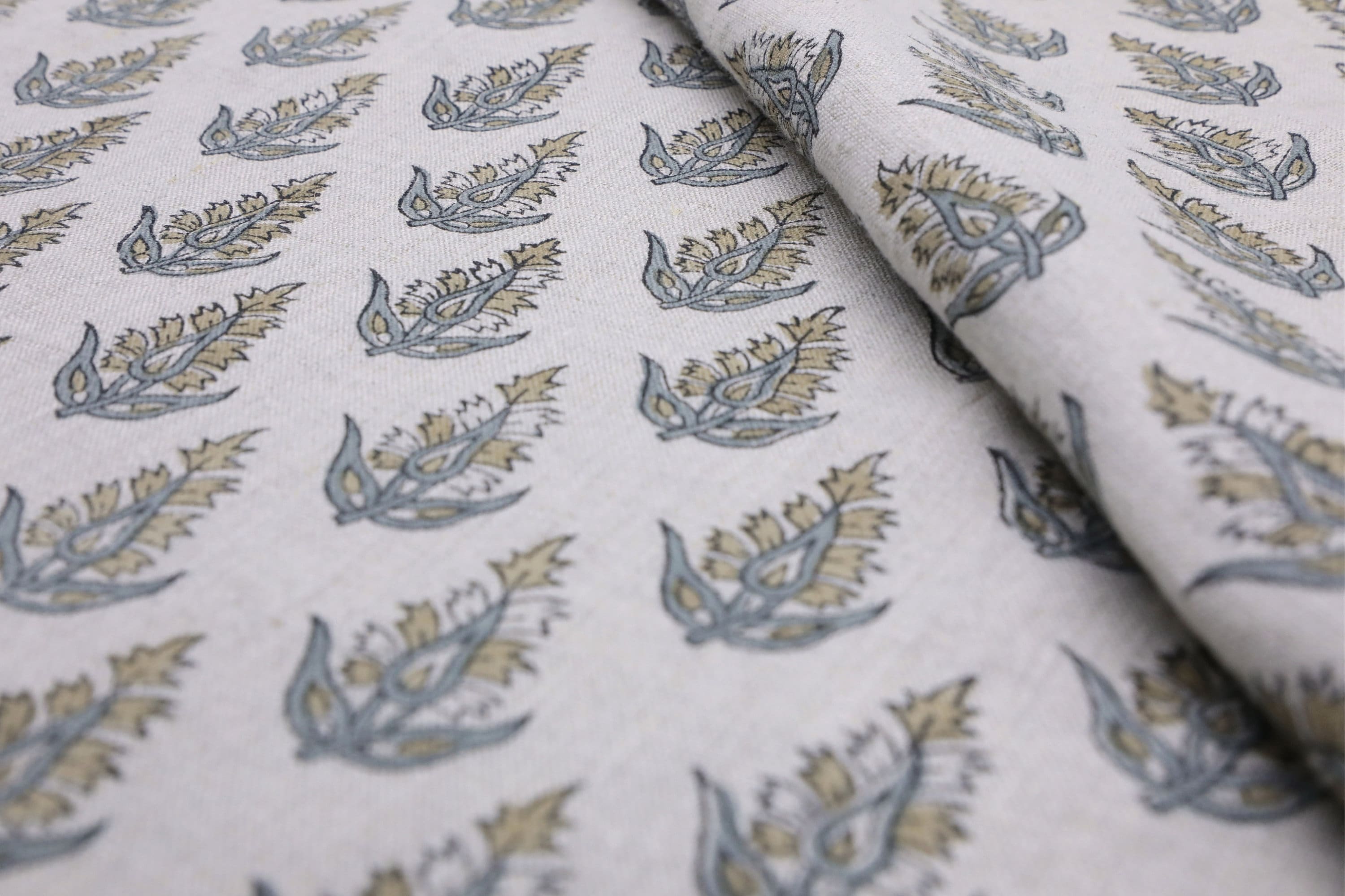 Pure linen 58" wide fabric for napkin, curtains, pillow and cushion covers, gray floral print - KANAK BUTI