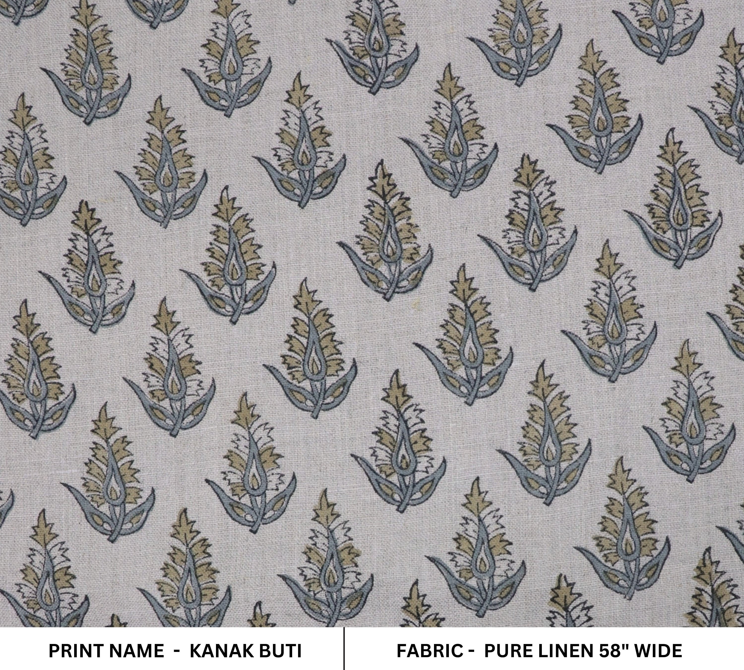 Pure linen 58" wide fabric for napkin, curtains, pillow and cushion covers, gray floral print - KANAK BUTI