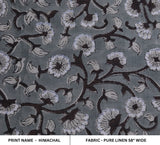 Hand Block Printed Designer Customizable Gray and Black Floral Pure Linen Fabric - HIMACHAL