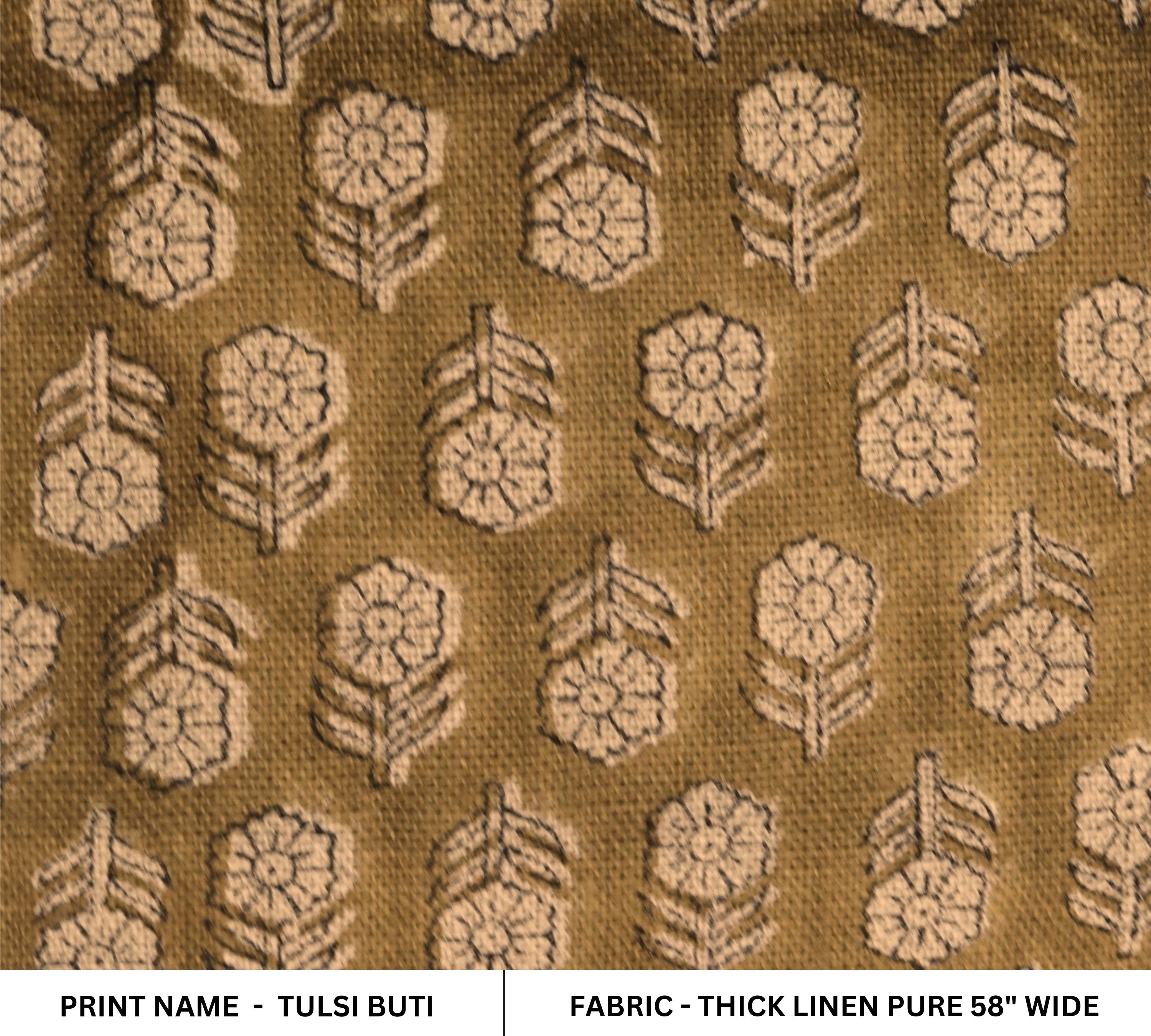 Block print thick linen fabric for drapery, curtains, cushion cover and table cloth, heavy and decorative linen fabric - TULSI BUTI