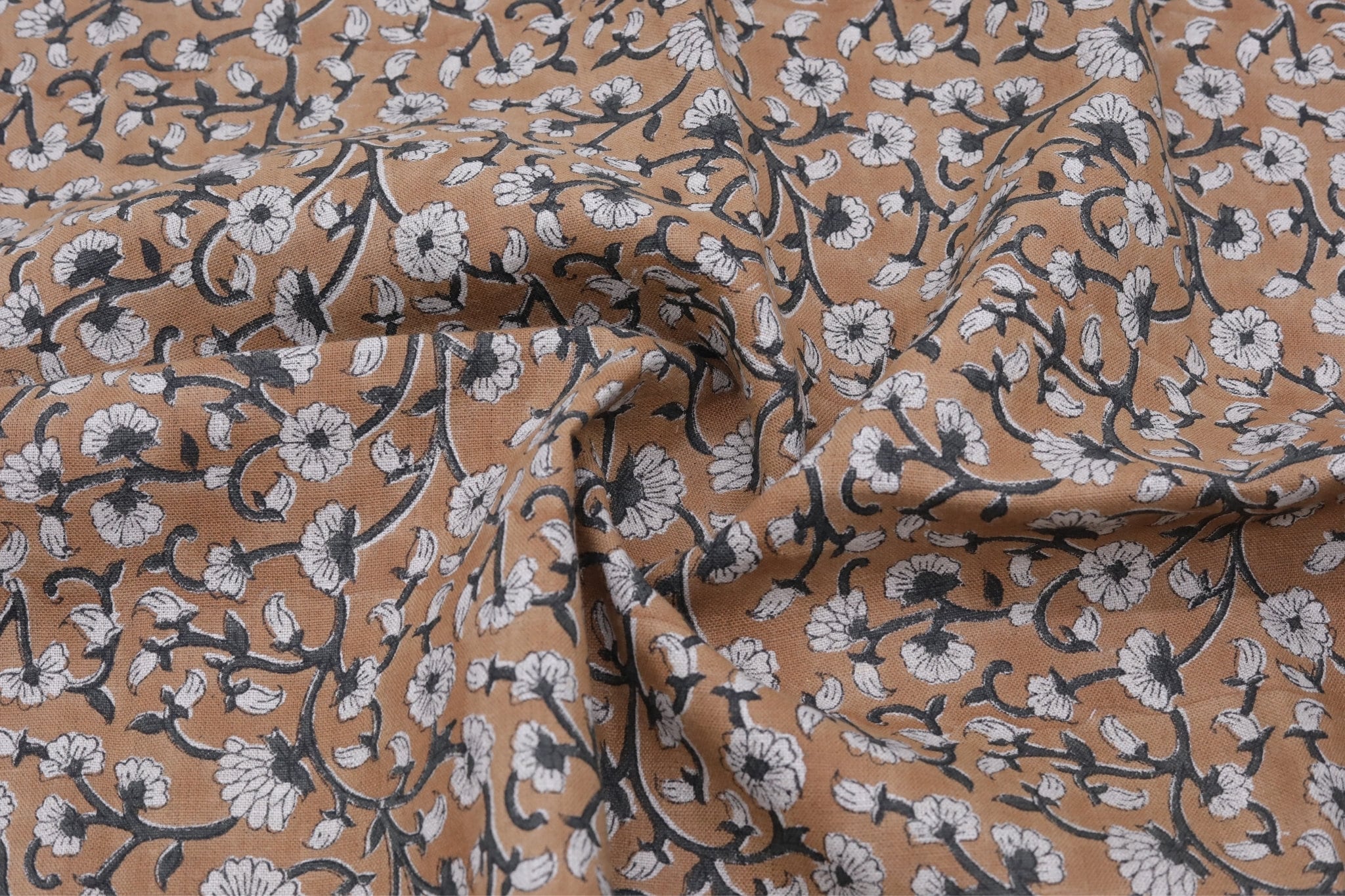 Linen floral hand block print fabric for room curtains, dining tablecloth and chair cover, couch cushions, pillow cover - HIMACHAL