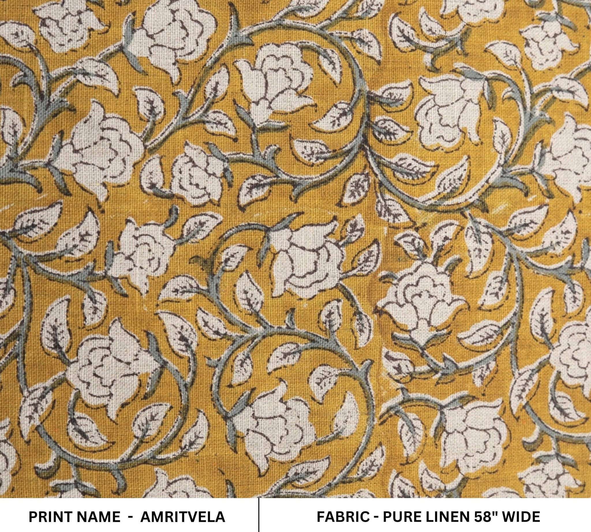 Pure linen handmade block print floral fabric, couch cushions and pillow cover, drapery fabric - AMRITVELA