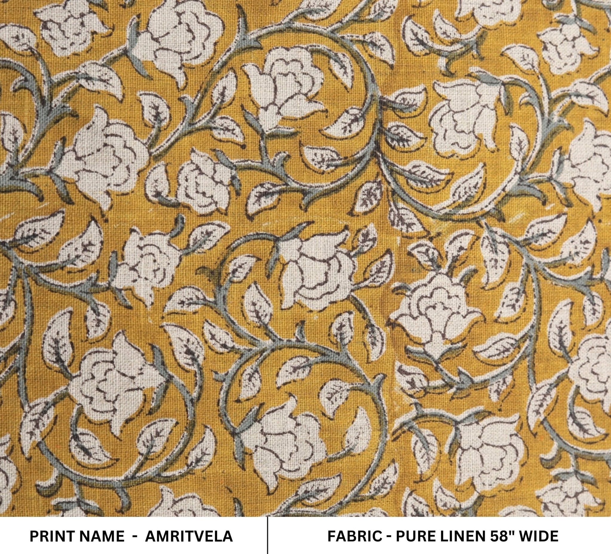 Pure linen handmade block print floral fabric, couch cushions and pillow cover, drapery fabric - AMRITVELA